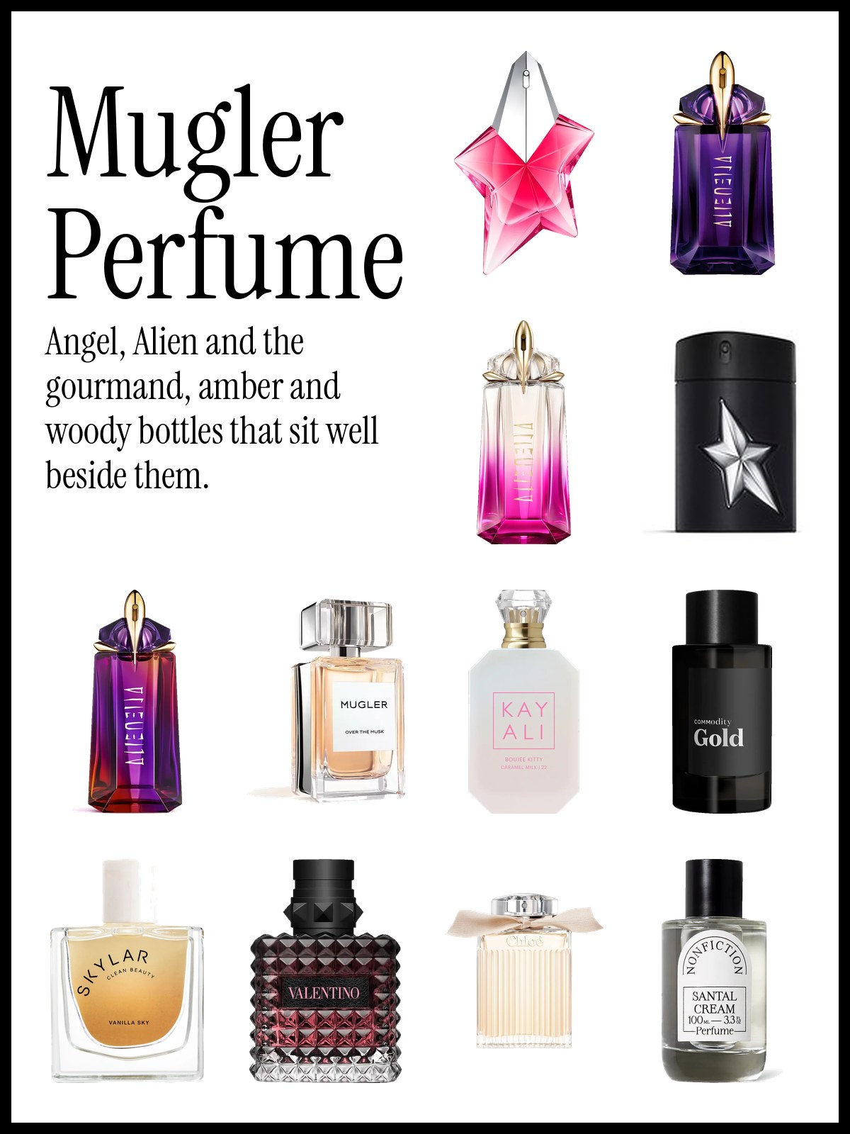 Collage of Mugler Angel Nova, Alien, Alien Pulp and A*Men Fantasm with Kayali, Skylar and Valentino Donna Born in Roma perfume bottles