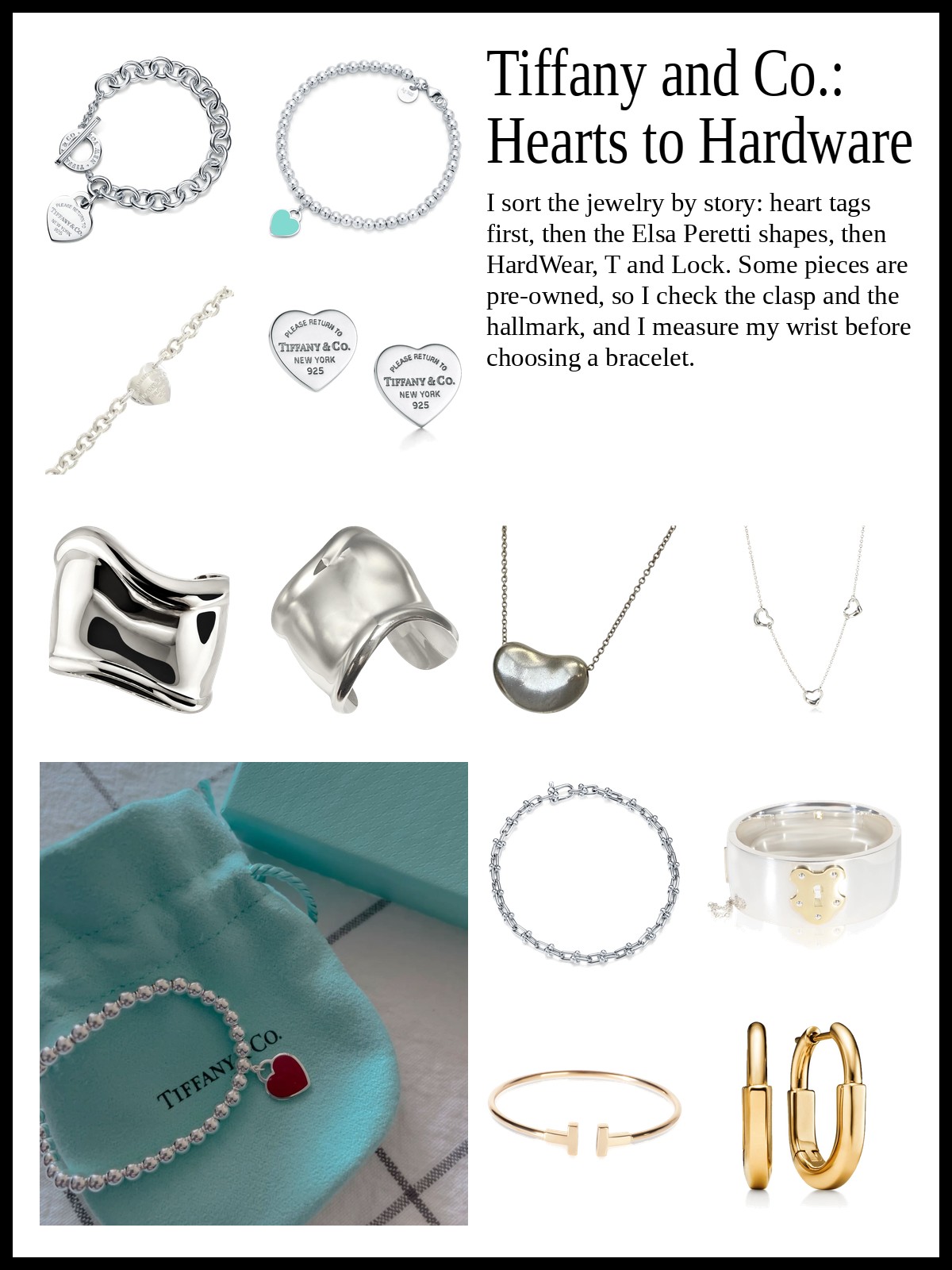 Collage of heart tag pendants, bracelets and studs, open heart and bone cuff Peretti jewelry, and link bracelets, ball earrings and lock earrings, and a mood photo of a beaded bracelet with a red heart tag on a blue jewelry pouch