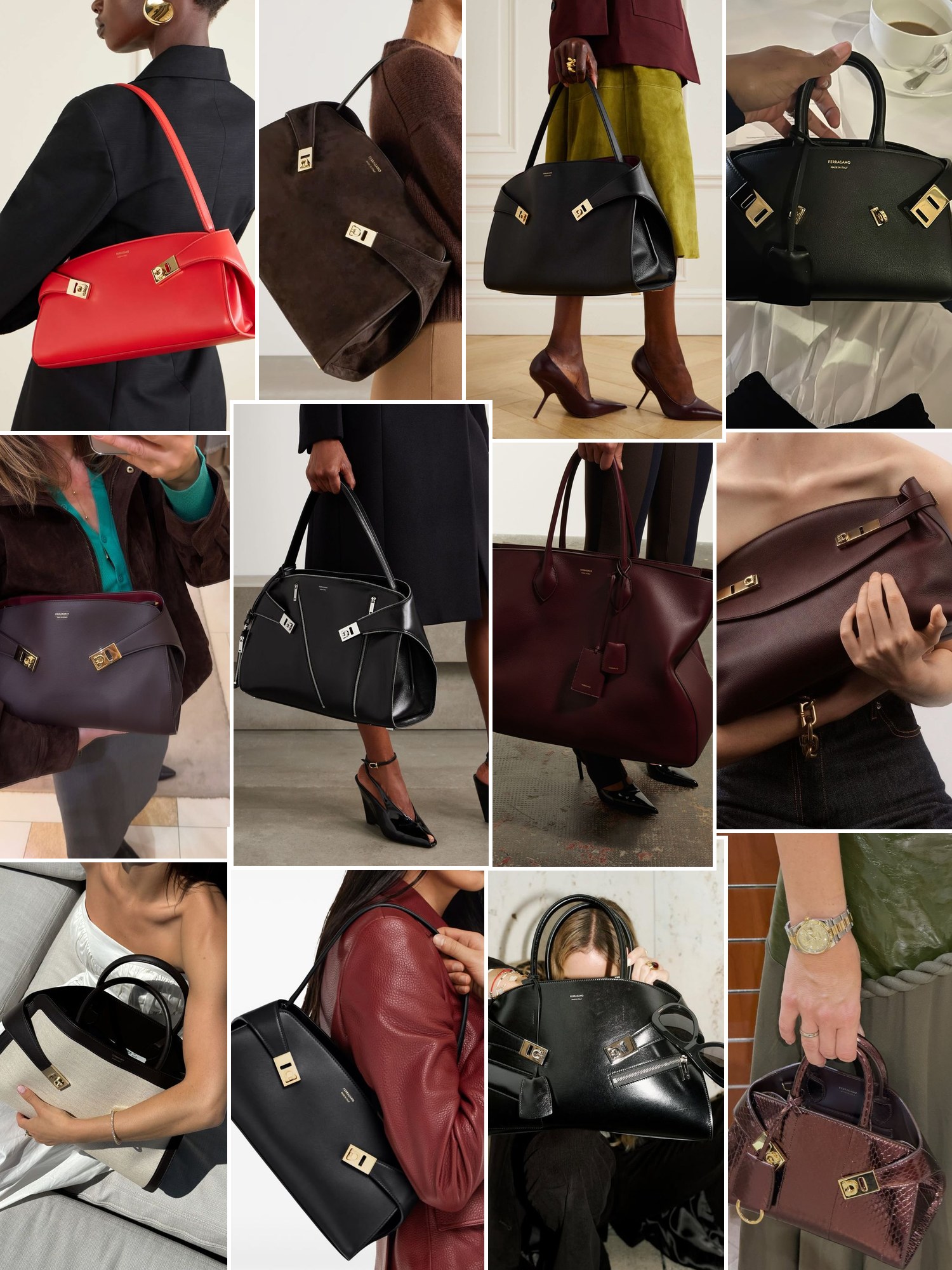 Collage of everyday outfits built around Ferragamo Hug bag