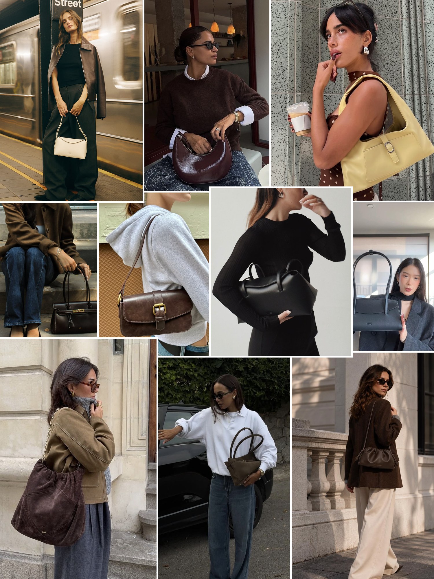 Collage of downtown New York outfits with a shoulder bag