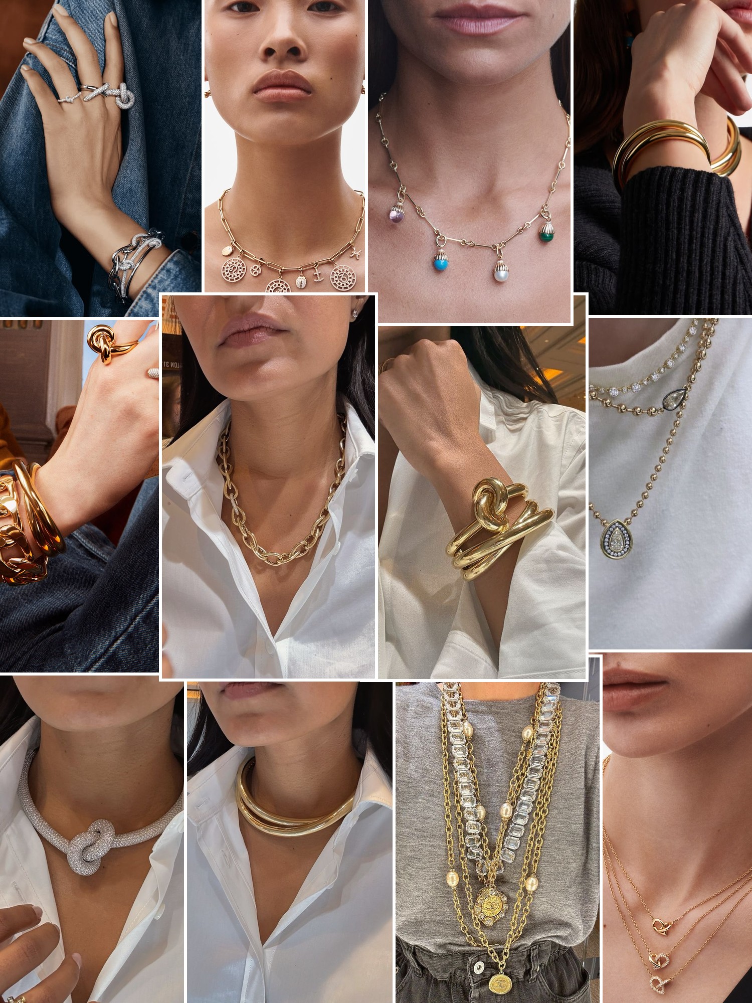 Collage of rings, earrings and layered necklaces worn up close, in the spirit of Engelbert