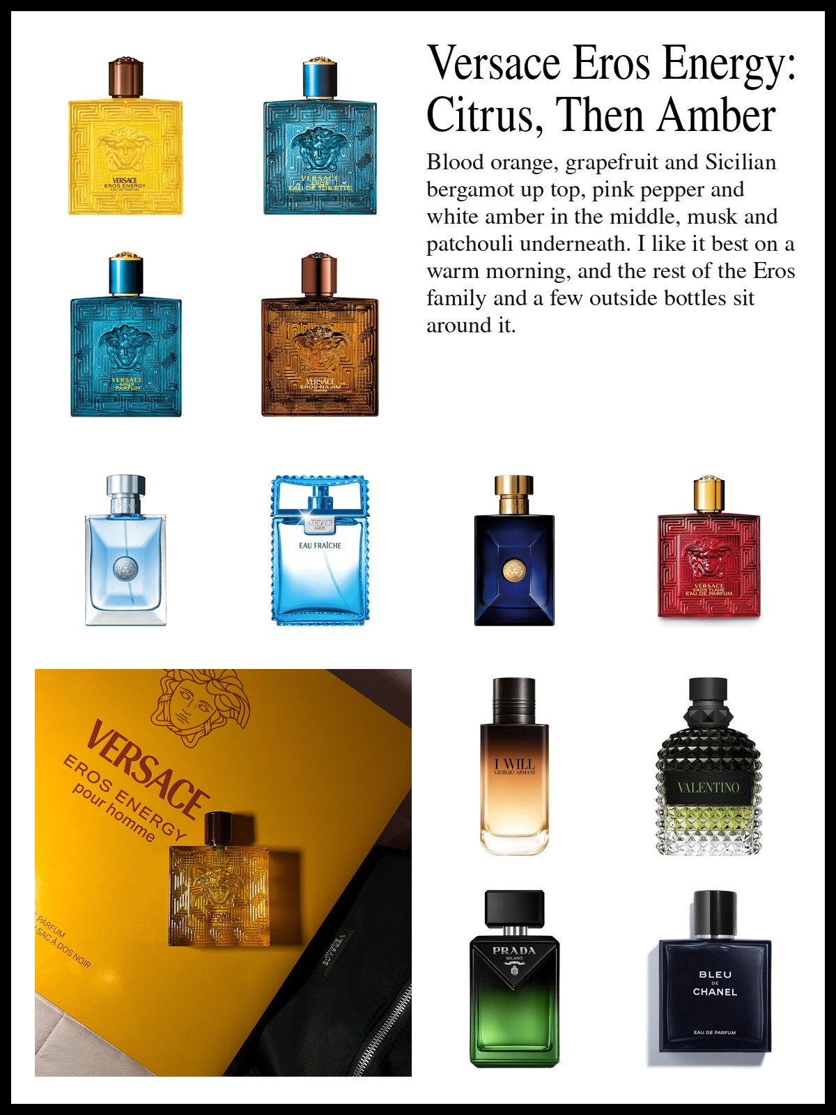 Collage of Versace Eros bottles, blue and fresh Versace colognes and six designer men's fragrances beside a bright citrus-toned bottle shot and a mood photo of a bottle of Eros Energy against its yellow box.