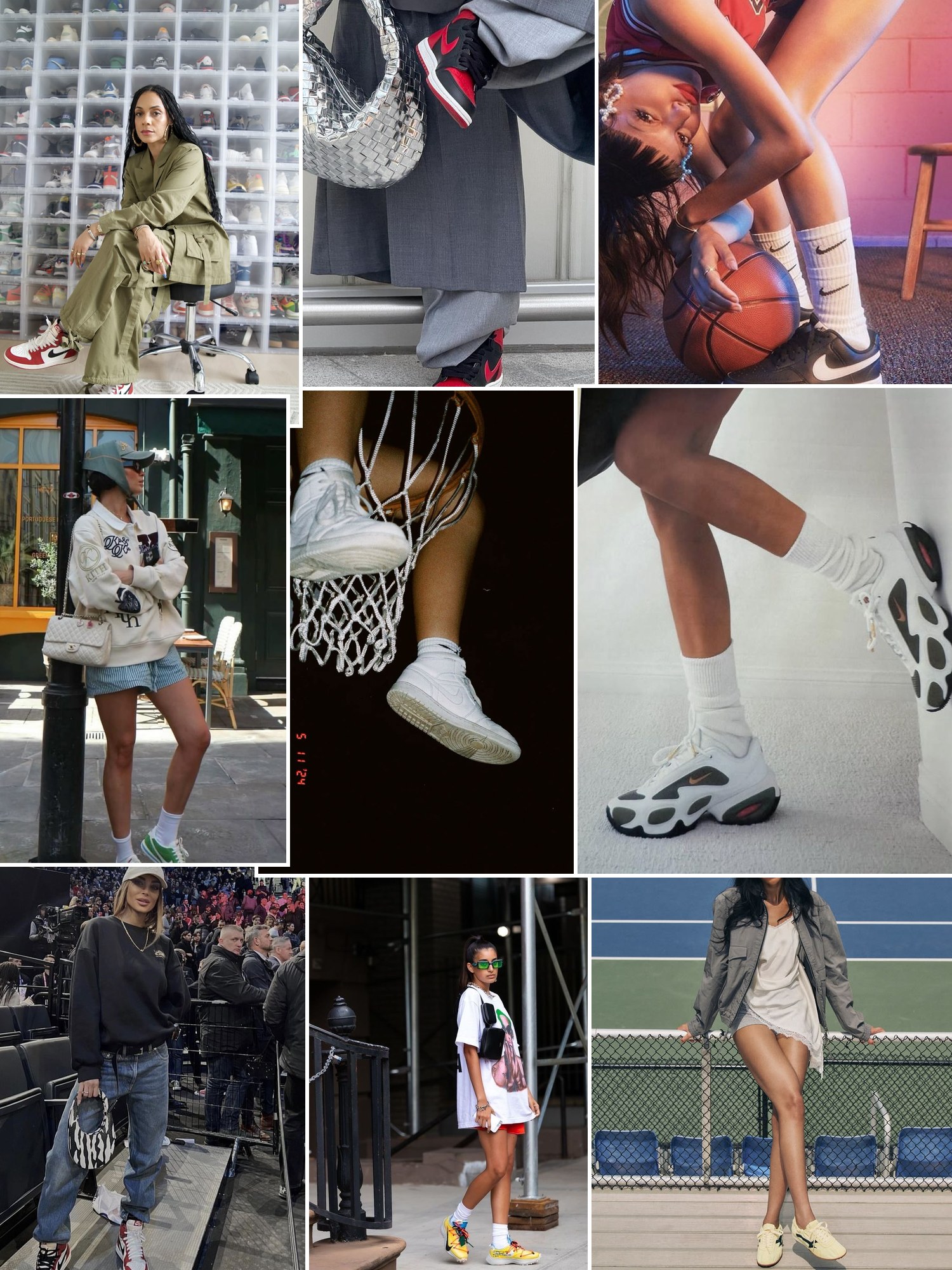 Collage of everyday outfits built around basketball shoes