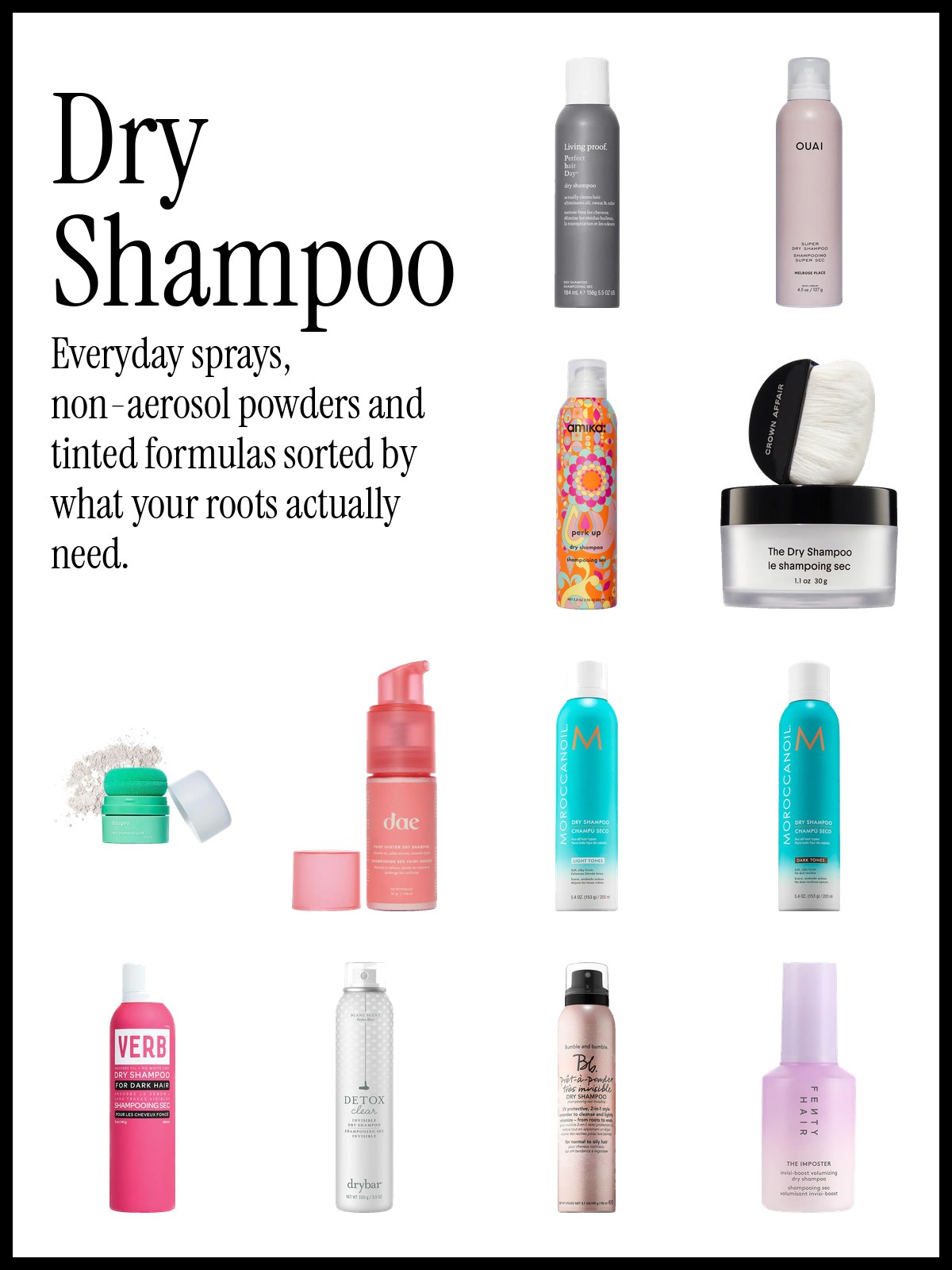 Collage of dry shampoo cans and powders including dae, Moroccanoil and Redken