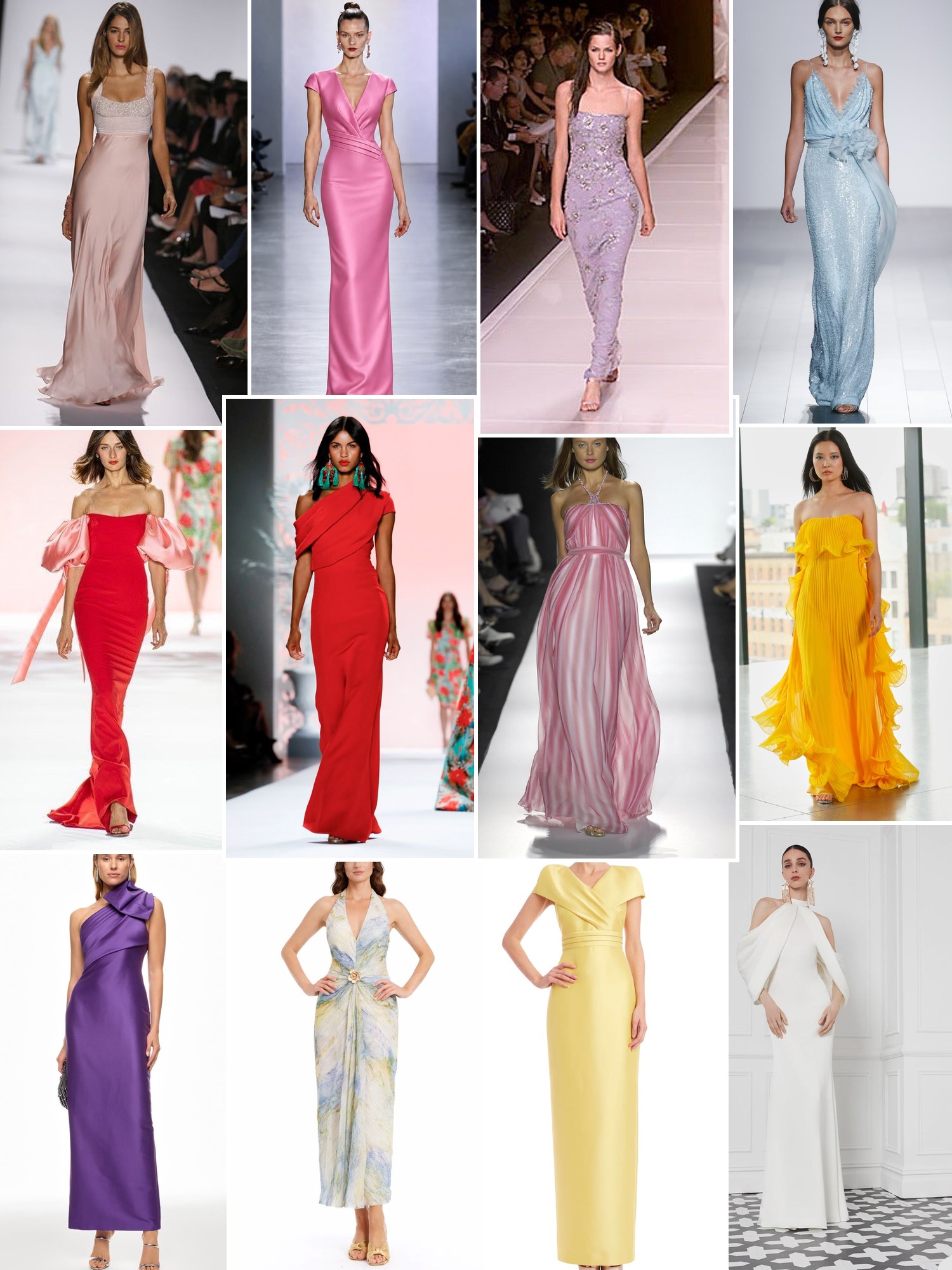 Collage of evening gowns in blush, red, yellow, blue and white runway and studio looks