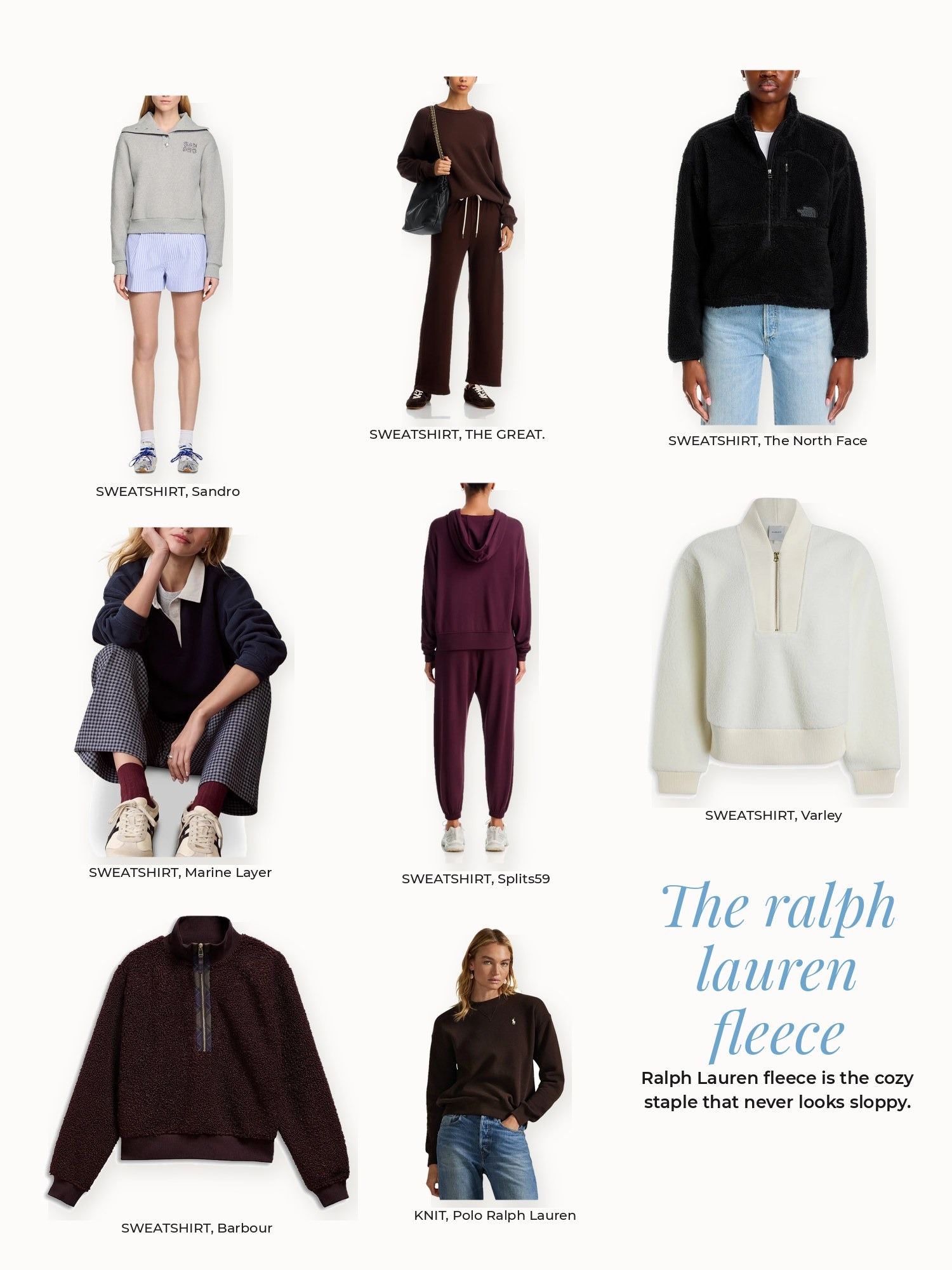 Ralph lauren fleece collage: Barbour, Marine Layer, Polo Ralph Lauren, Sandro, Splits59, THE GREAT., The North Face, Varley