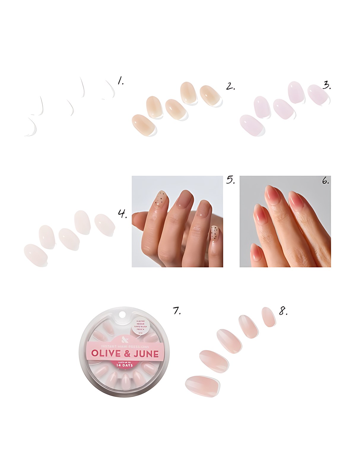 Numbered collage: 1. ohora N Bare Crystal; 2. ohora N Bare Milk Tea; 3. ohora N Bare Pink; 4. ohora N Cream Light; 5. ohora N Sheer Blush; 6. ohora NP Blush French; 7. Olive & June Subtle Blush French - Press On | Medium | Almond; 8. Dashing Diva Barely Bougie