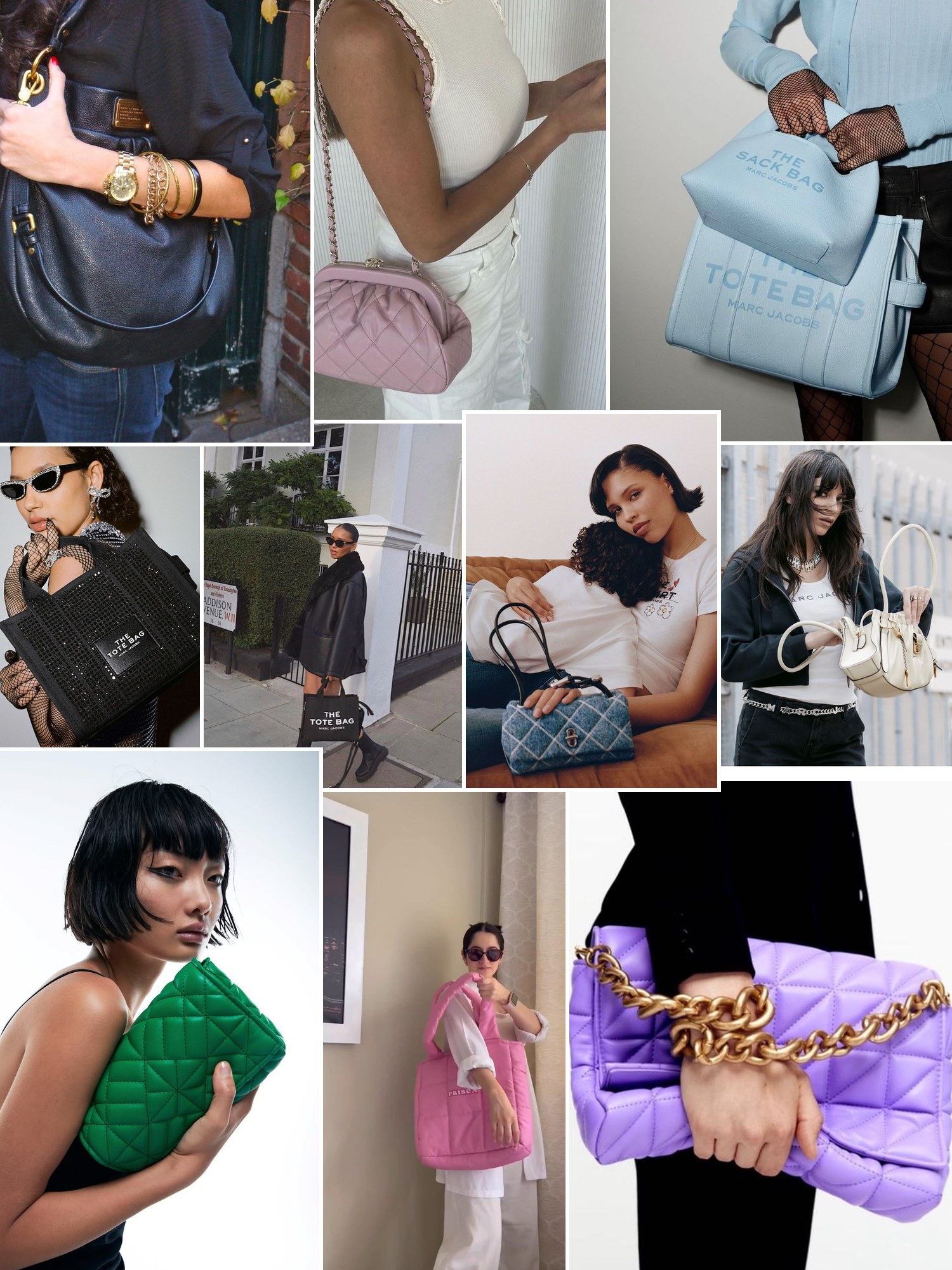 Collage of quilted chain bags with dresses and jeans