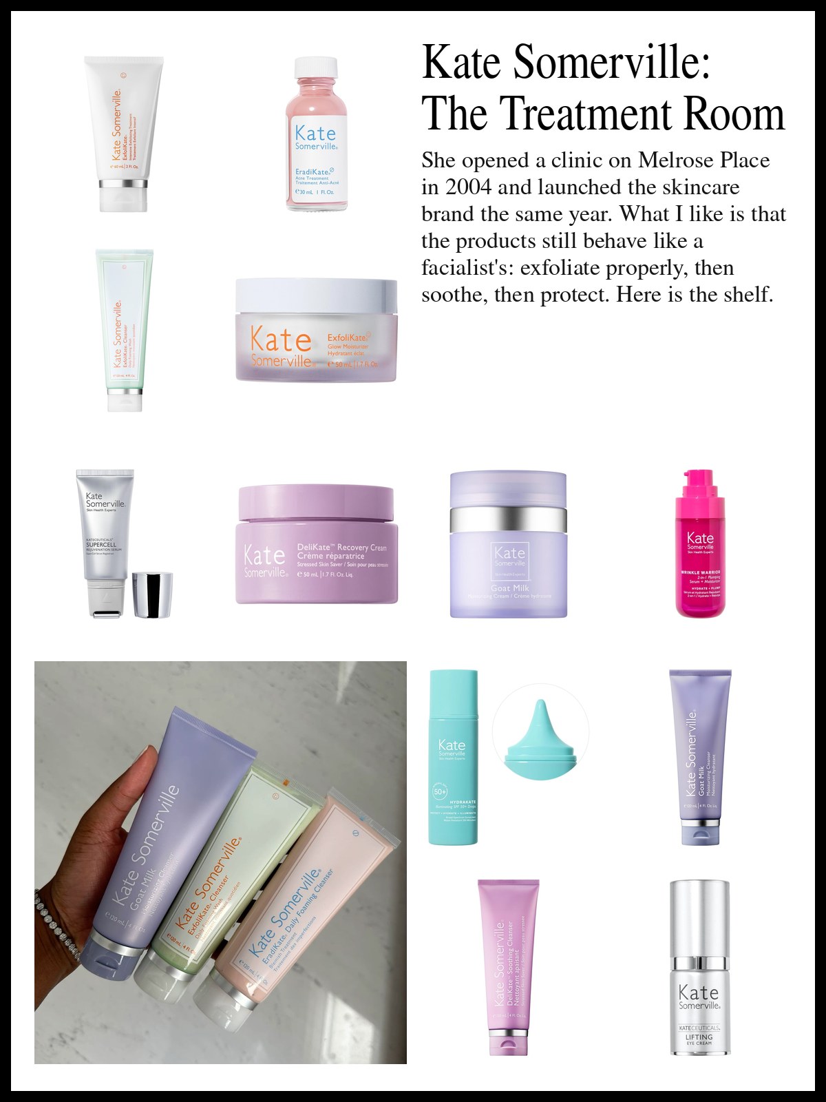 Collage of exfoliating treatments, sulfur cleansers, moisturizers, serums, eye creams and sunscreen drops in white and pale blue packaging and a mood photo of a hand holding three Kate Somerville tubes.