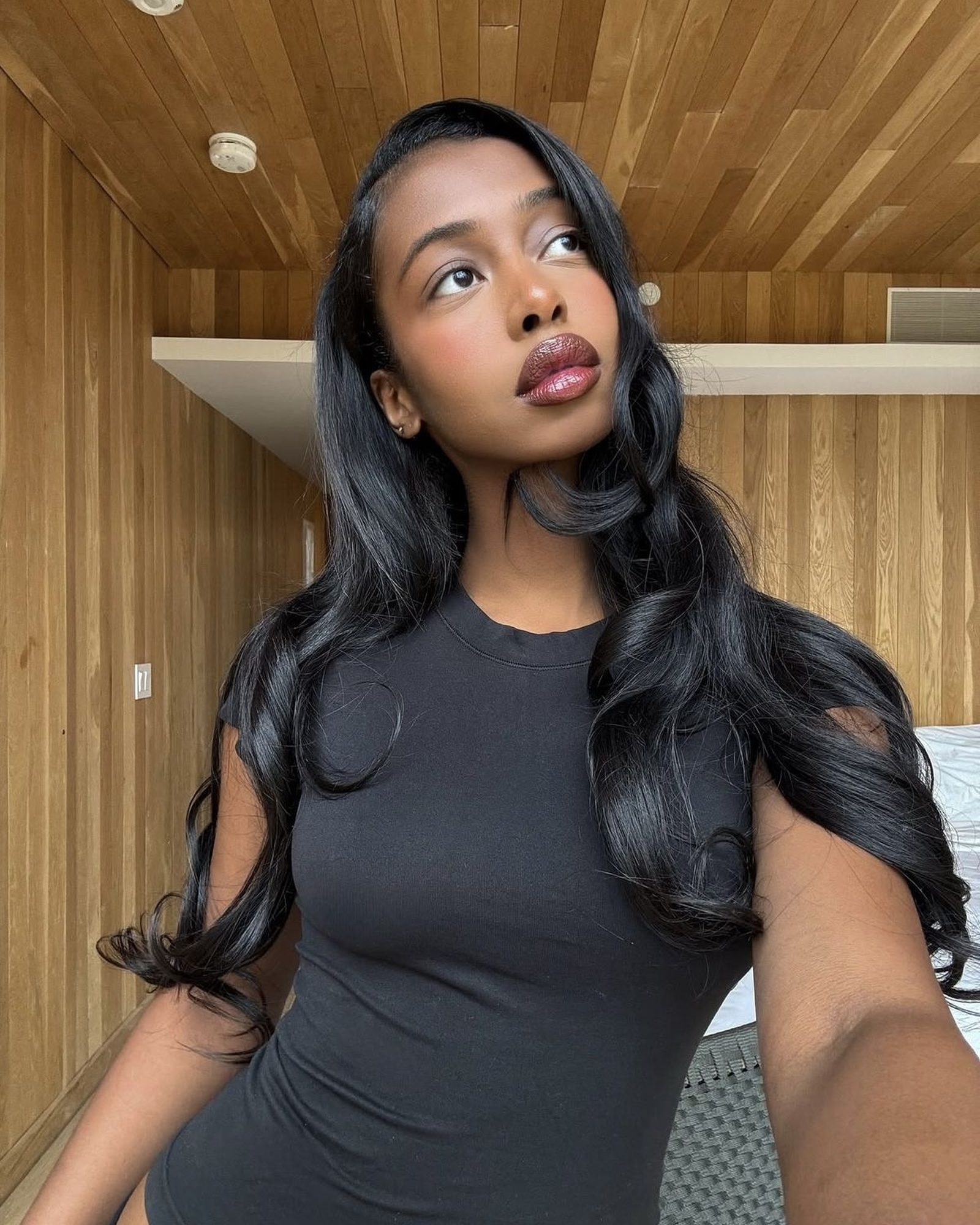 Woman with long glossy black hair in loose waves and a deep berry lip in a wood paneled room