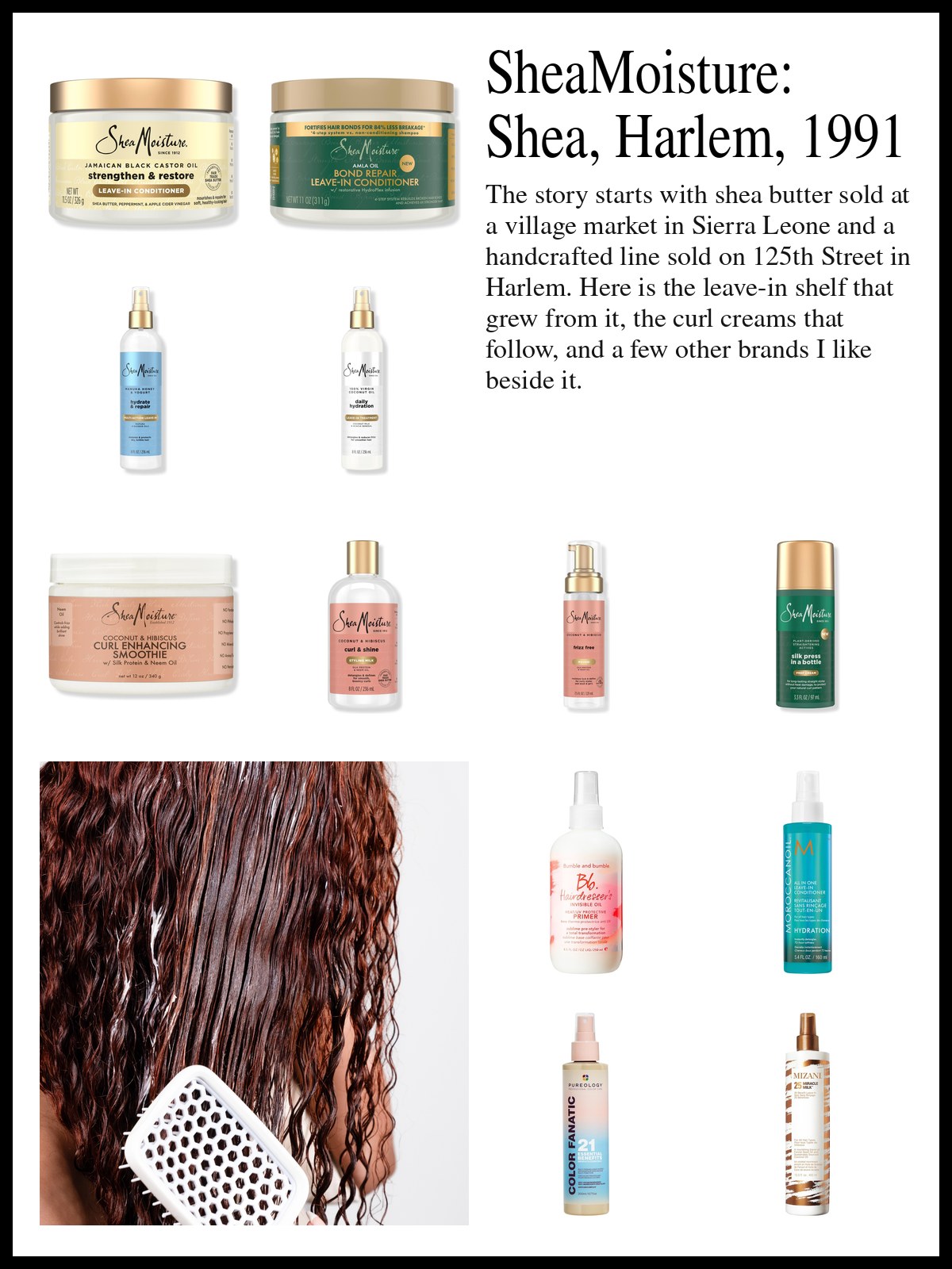 Collage of SheaMoisture leave-in conditioners, curl creams and stylers and leave-in conditioners from other brands, and a mood photo of wet curls being brushed through.