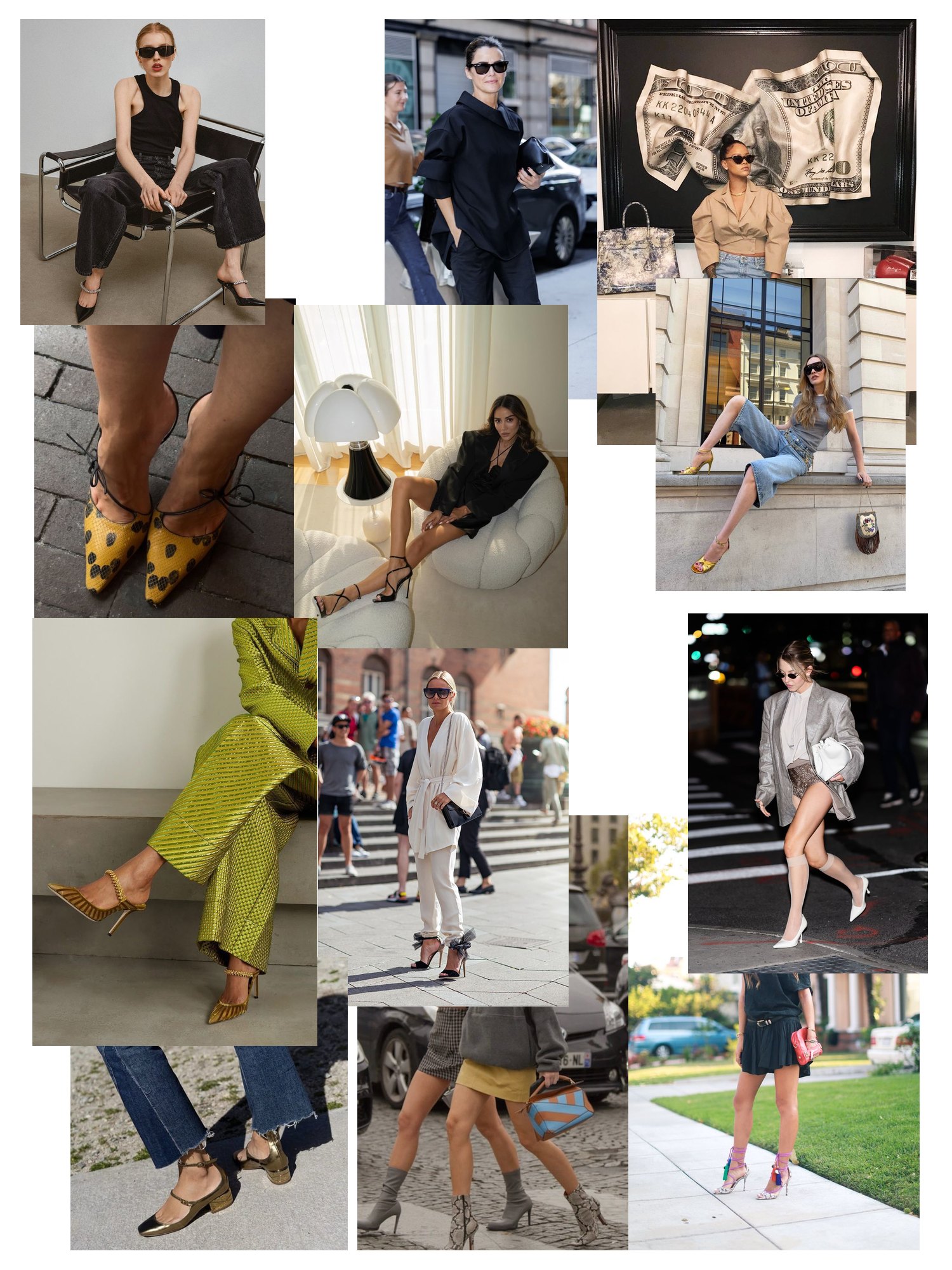 Street-style collage of 12 outfit photos featuring jimmy choo shoes, scattered and overlapping