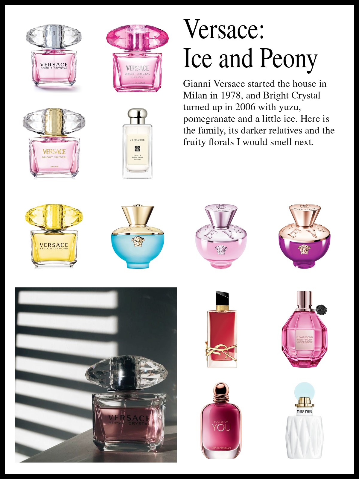 Collage of Versace and other fruity floral perfumes beside a studio photo of a tan blush stick balanced on a furry green caterpillar sculpture with a pink and cream butterfly perched on top, on a white background.
