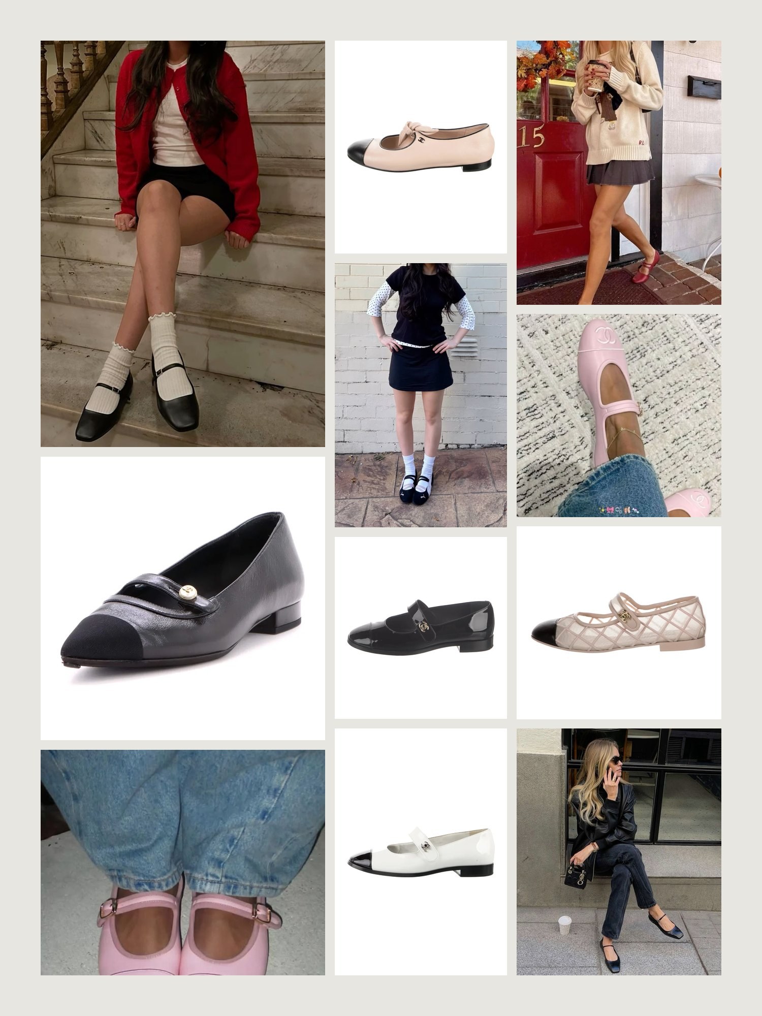 Vibe collage for Chanel Mary Jane flats: strapped flats with socks, skirts and jeans, and Mary Janes from the grid below