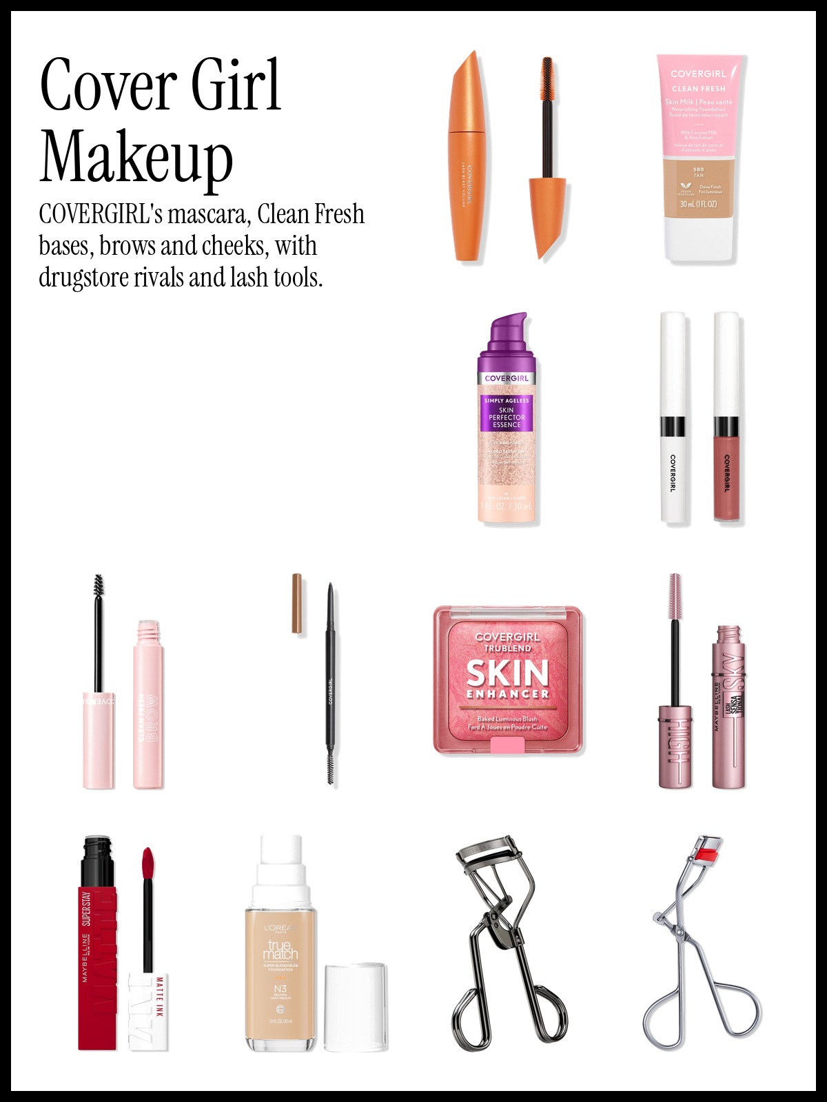 Collage of COVERGIRL Lash Blast Volume Mascara, COVERGIRL Clean Fresh Brow Enhancer Gel and Maybelline Lash Sensational Sky High Mascara