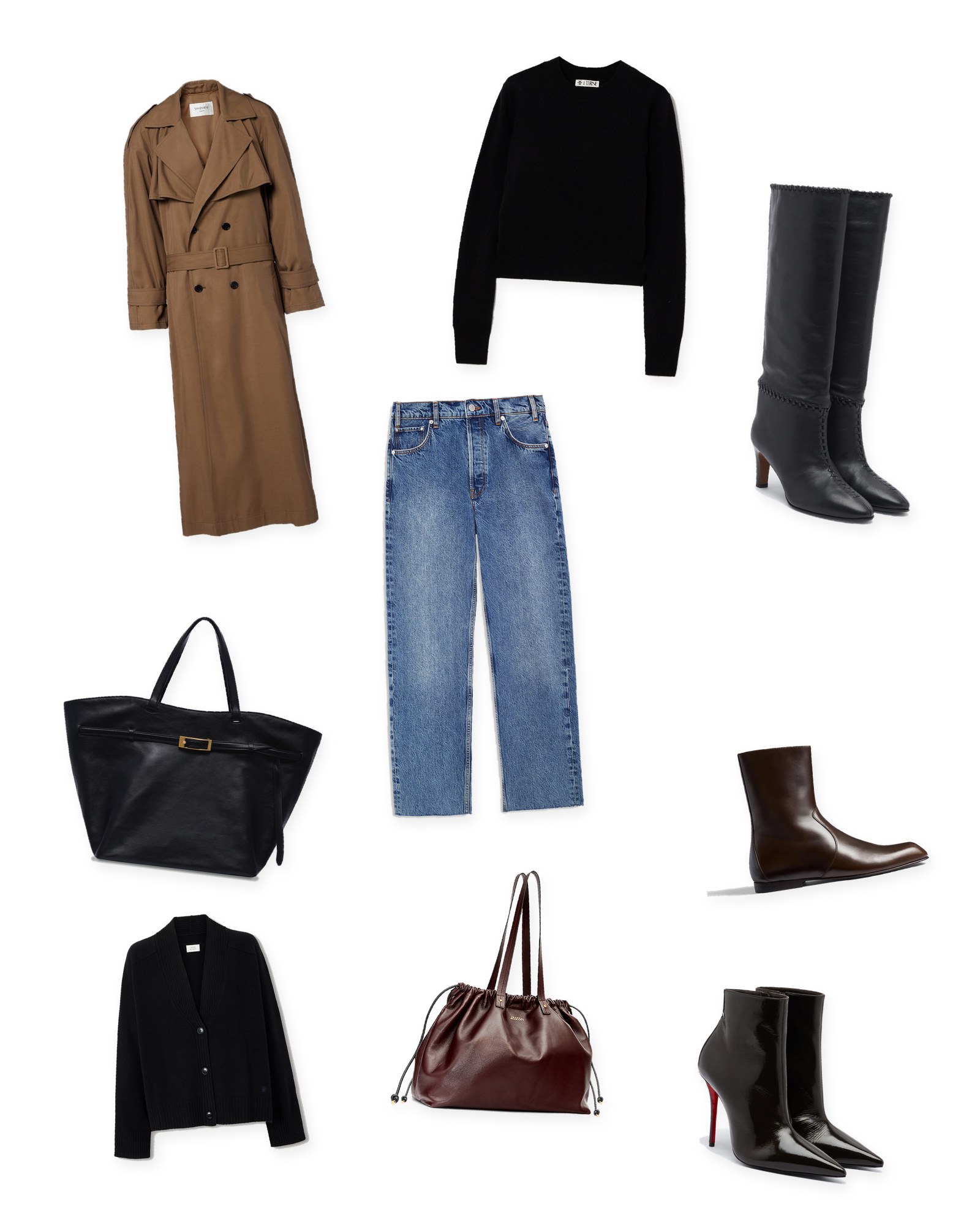 Flat lay of a brown trench coat, a black sweater, a black cardigan, blue jeans, black knee-high boots, brown and black ankle boots, a black leather tote and a burgundy leather tote on white.