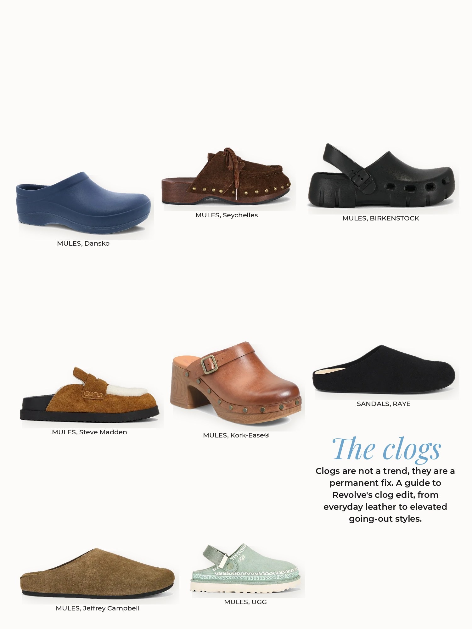 Clogs collage: BIRKENSTOCK, Dansko, Jeffrey Campbell, Kork-Ease®, RAYE, Seychelles, Steve Madden, UGG