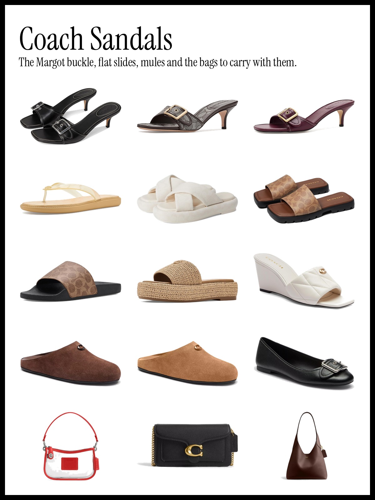 Collage of Coach sandals including Margot heels, flat sandals, signature slides, a wedge, mules and clogs, with a Coach shoulder bag