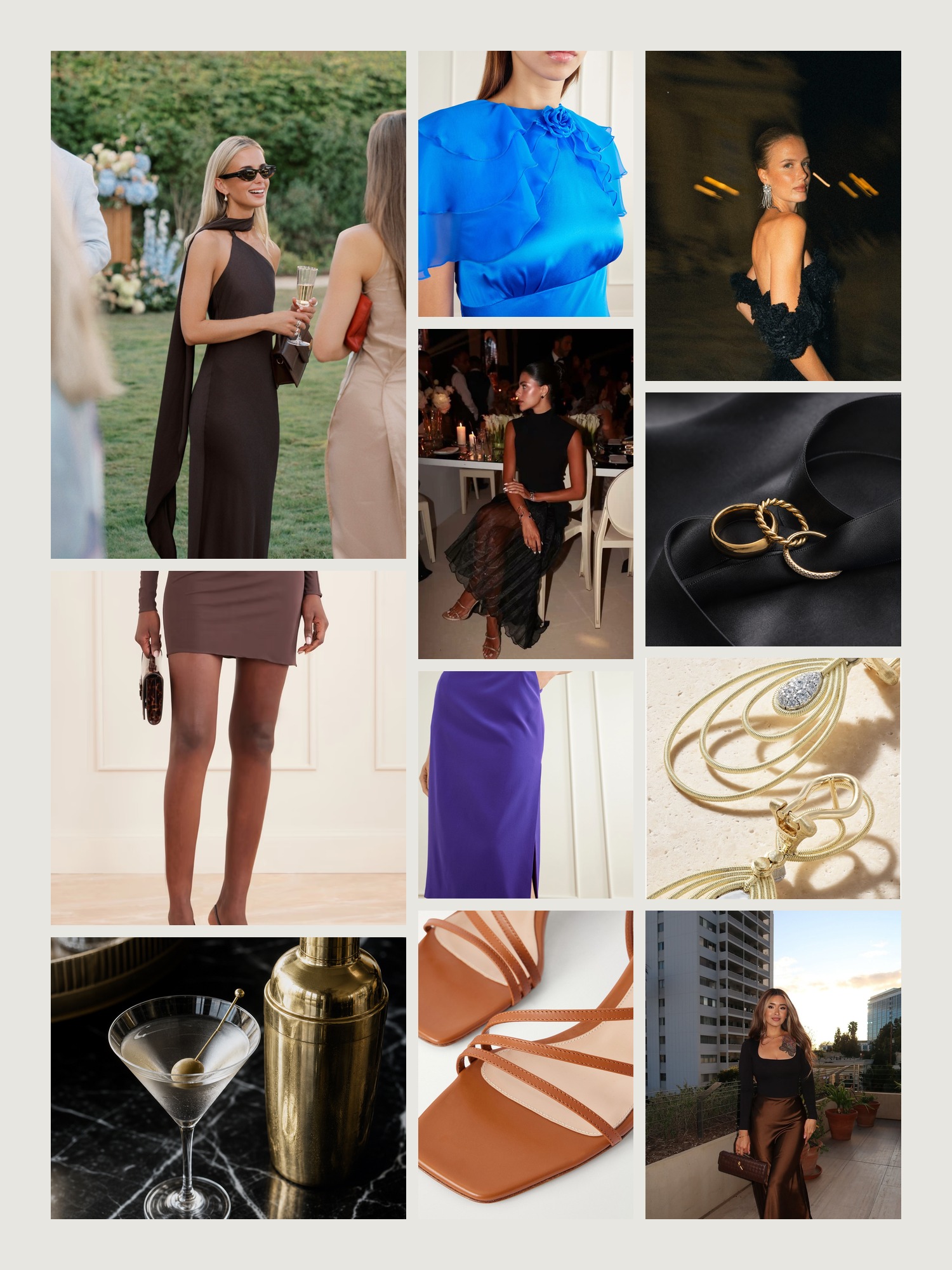 Mood board of cocktail attire in black and gold