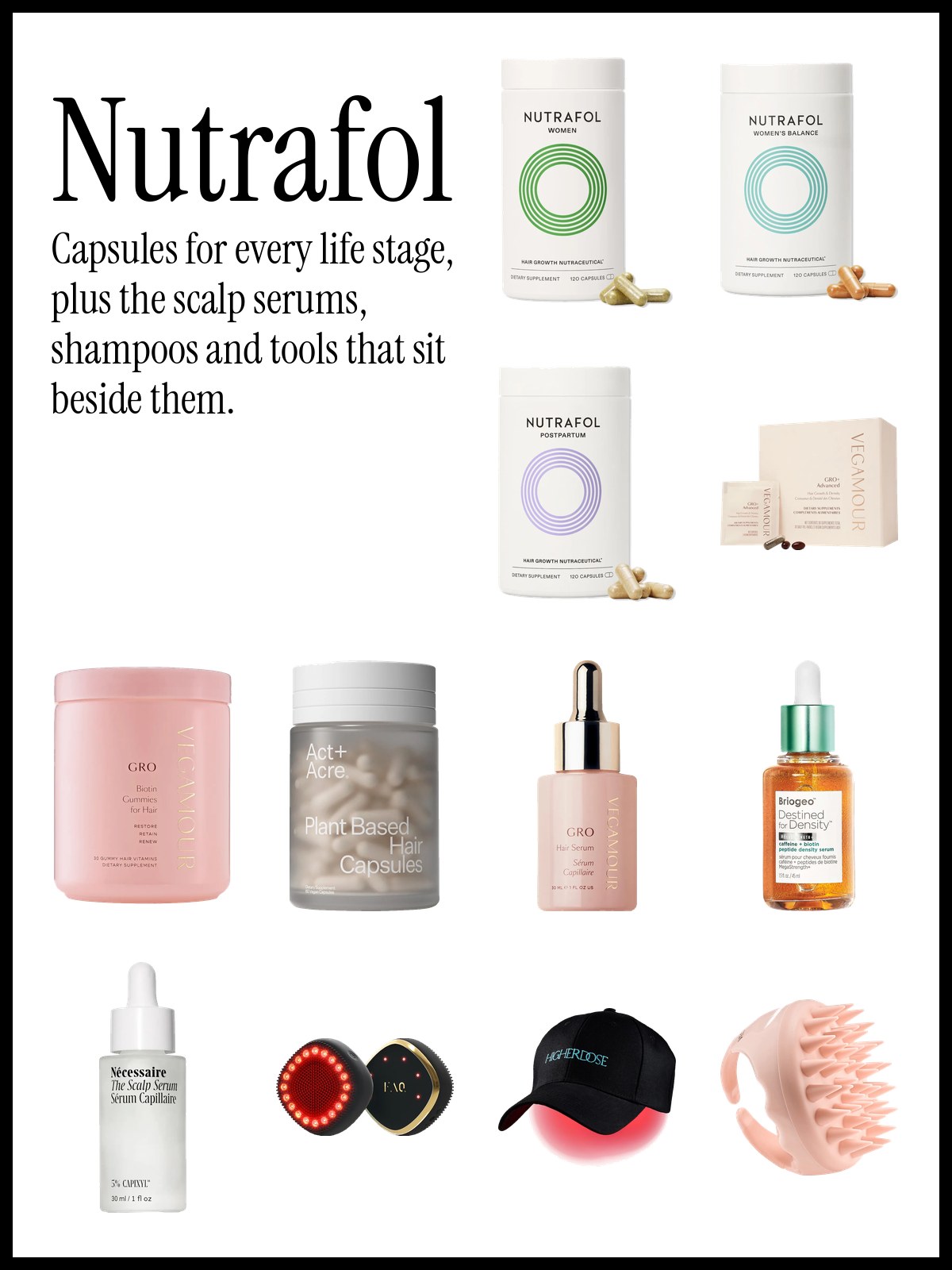 Collage of Nutrafol hair growth supplements with scalp serums, thickening shampoos and scalp massagers