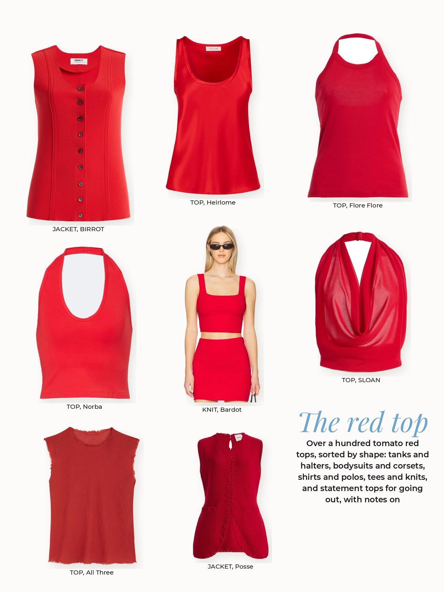 Red top collage: All Three, BIRROT, Bardot, Flore Flore, Heirlome, Norba, Posse, SLOAN