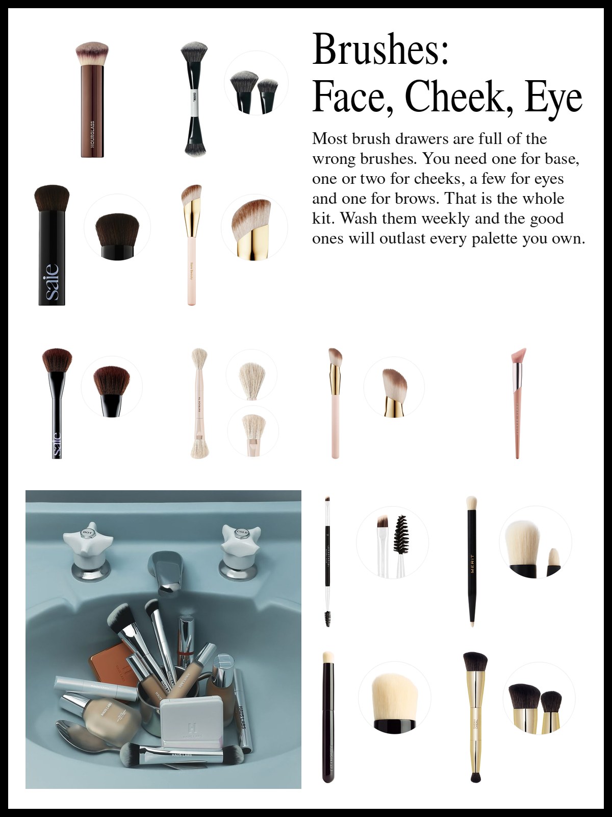 Collage of foundation, blush, bronzer, eyeshadow and brow brushes beside a photo of makeup brushes in a blue sink.