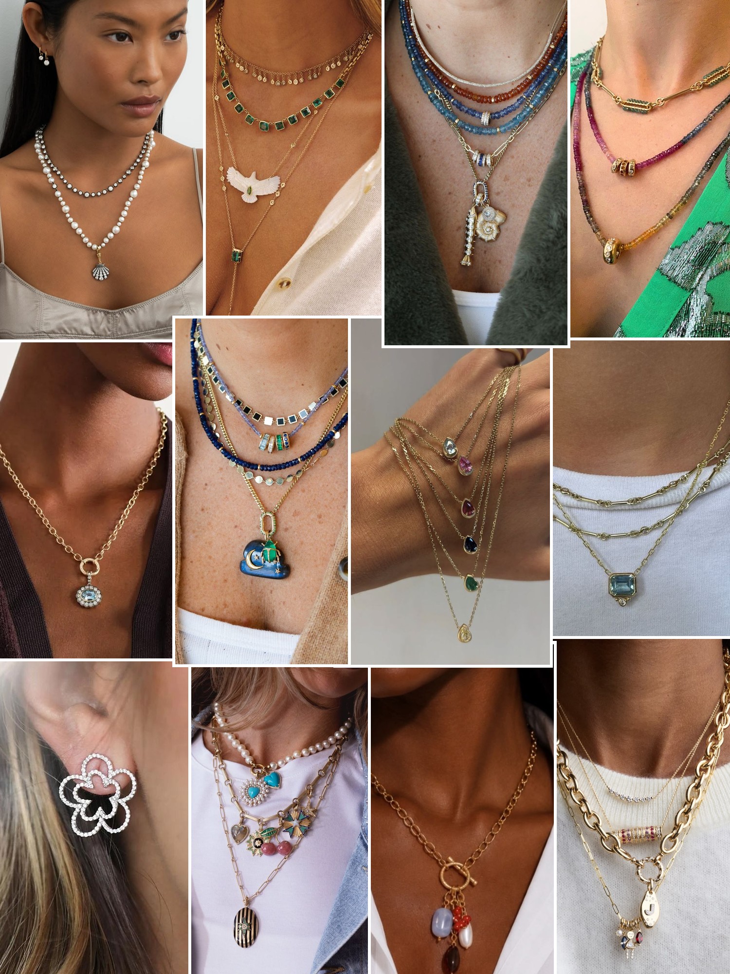Collage of rings, earrings and layered necklaces worn up close, in the spirit of ASHA by Ashley McCormick