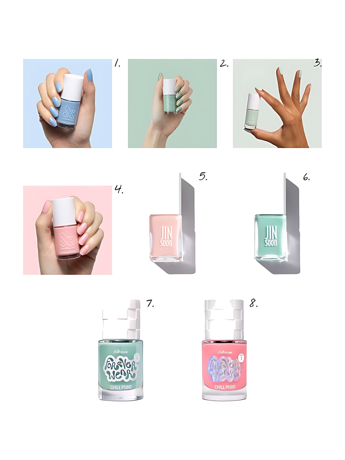 Numbered collage: 1. Olive & June Shades of Seersucker; 2. Olive & June Cucumber Sandwich; 3. Olive & June Minty; 4. Olive & June Saltwater Taffy; 5. JINsoon Whisper; 6. JINsoon Charm; 7. Chillhouse Baby Tee; 8. Chillhouse Bebe Rosa