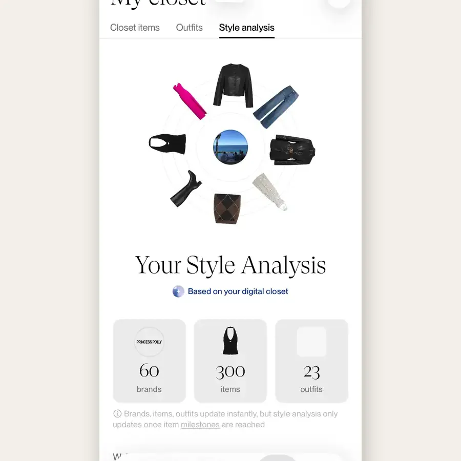 Phia Style analysis demo: brands, items and outfits counts, a written style description, top colors, vibes, top brands and styling rules