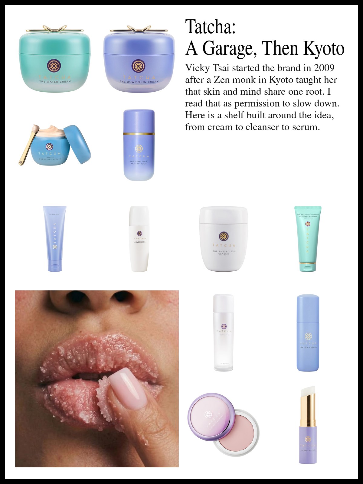 Collage of Tatcha creams, cleansers, essences and serums beside a close-up photo of sugar-scrubbed lips, with a finger in a pale pink manicure pressing into the granules.