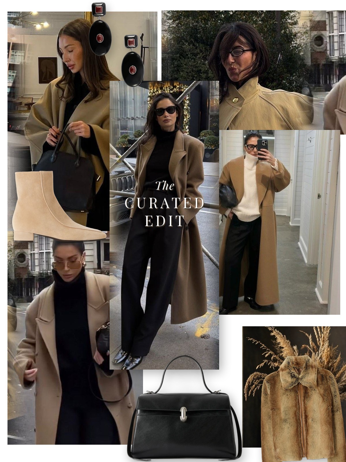 Collage: camel and black outfit moodboard