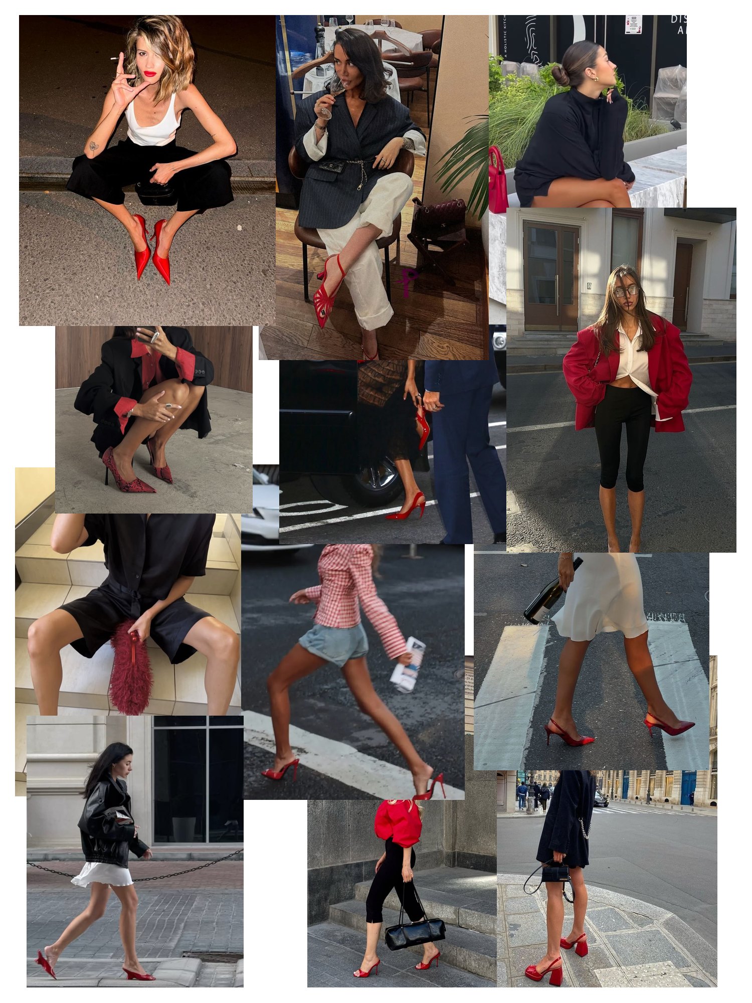 Street-style collage of 12 outfit photos featuring red bottom heels, scattered and overlapping