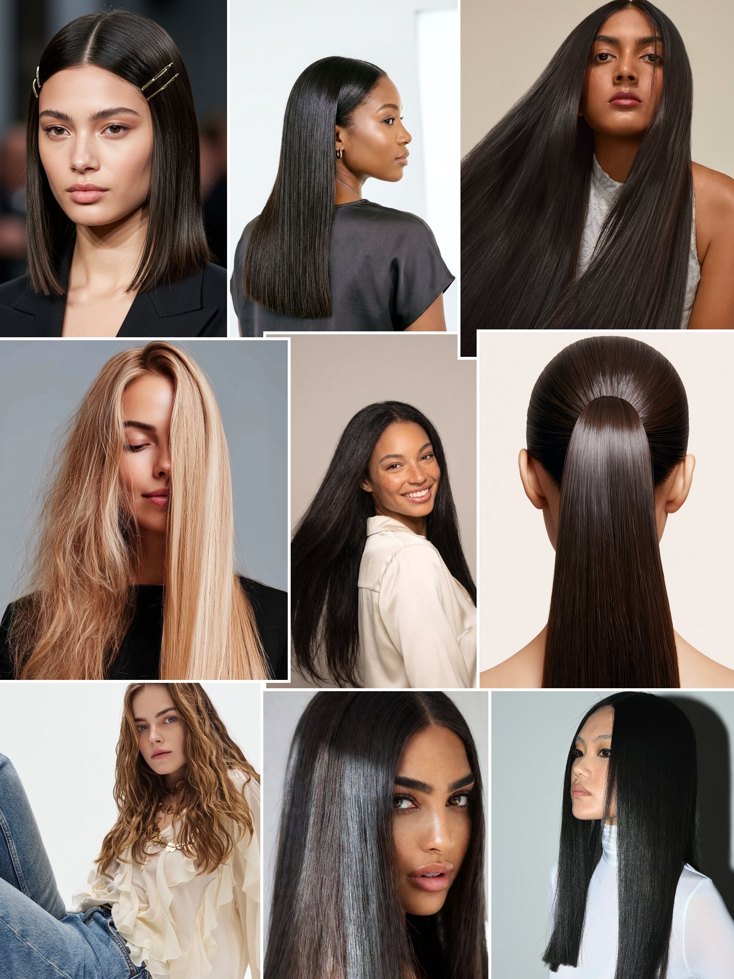 A mood board of women with long, sleek, glossy hair in warm neutral studio light.