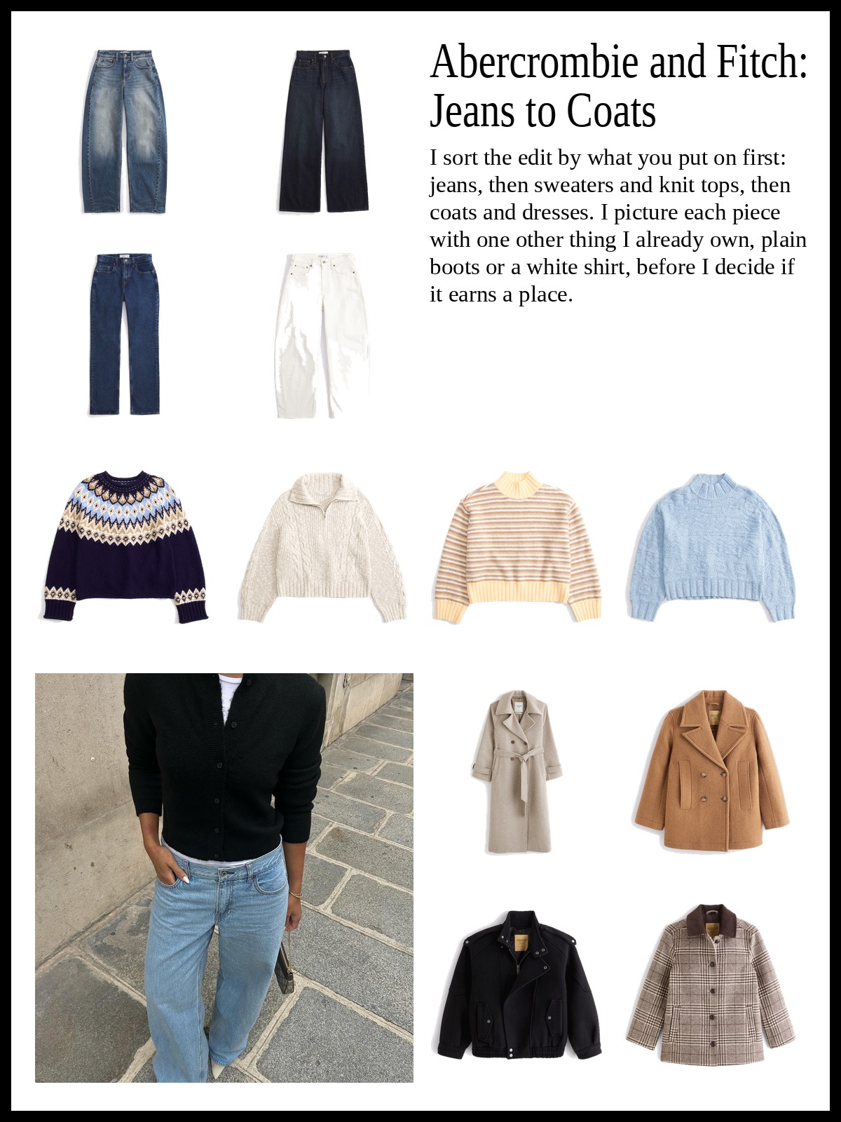 Collage of barrel, wide-leg and straight jeans, cable and striped sweaters and polos, and trench coats, jackets and knit dresses, and a mood photo of light wash wide jeans with a black cardigan