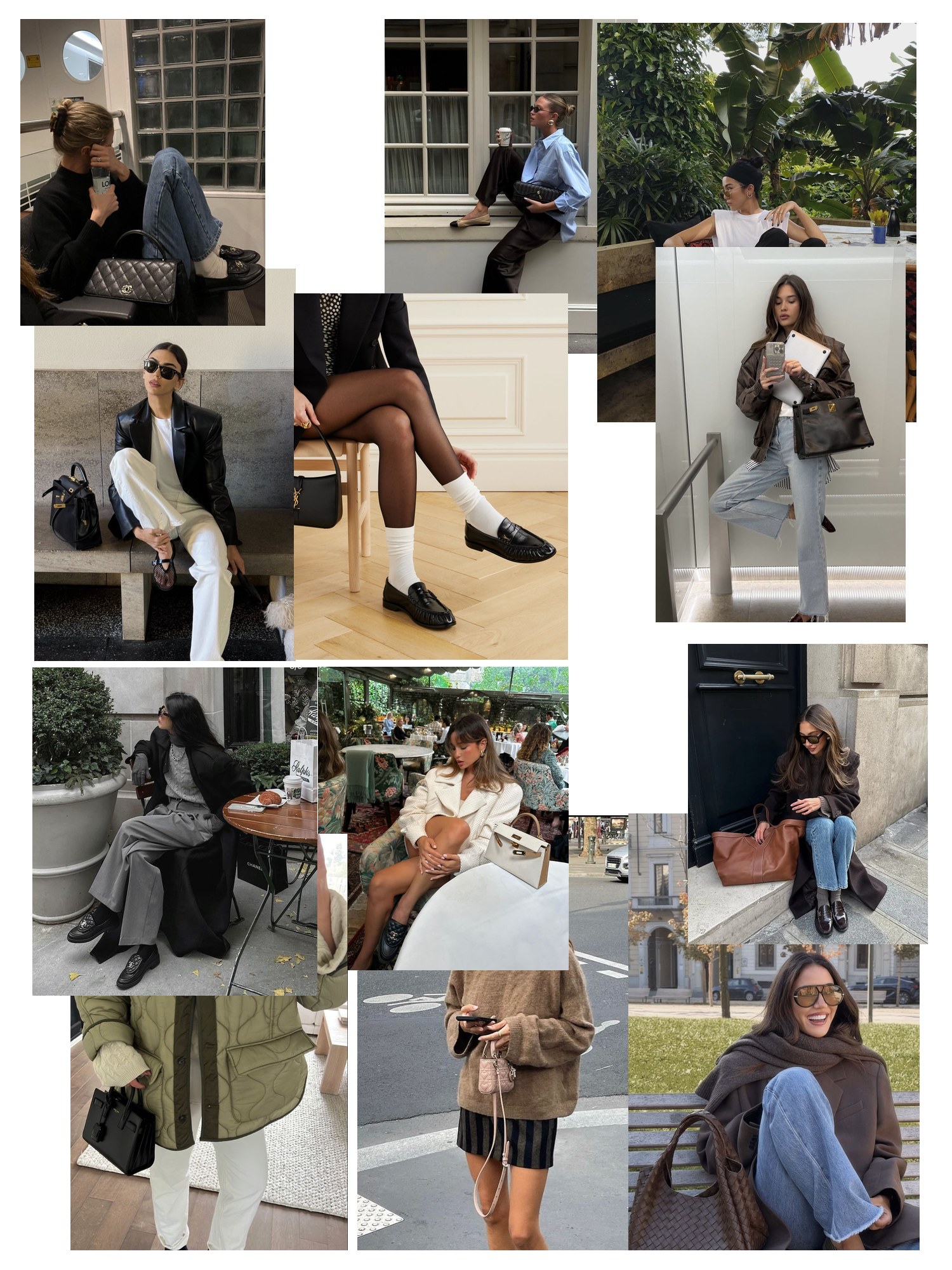 Collage of twelve street-style and editorial photos featuring Chanel Loafers, scattered and overlapping