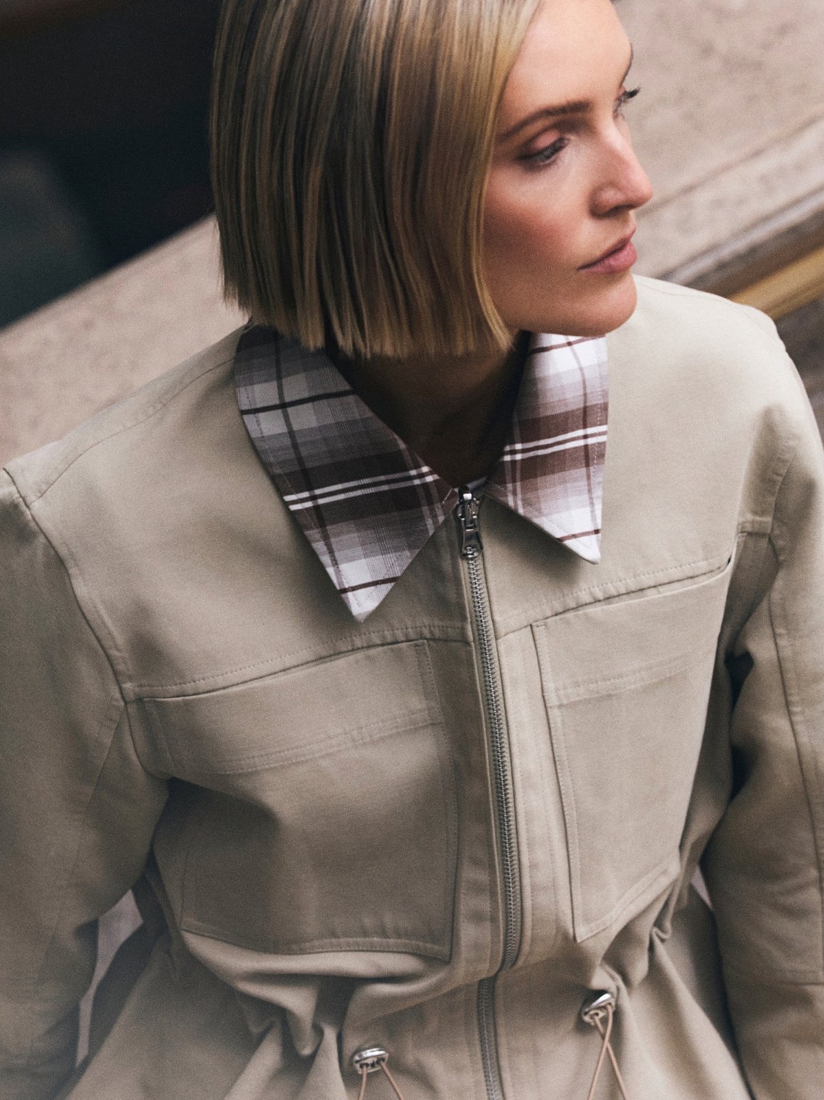 Model in a checked-collar jacket in ALIGNE’s SS26 campaign