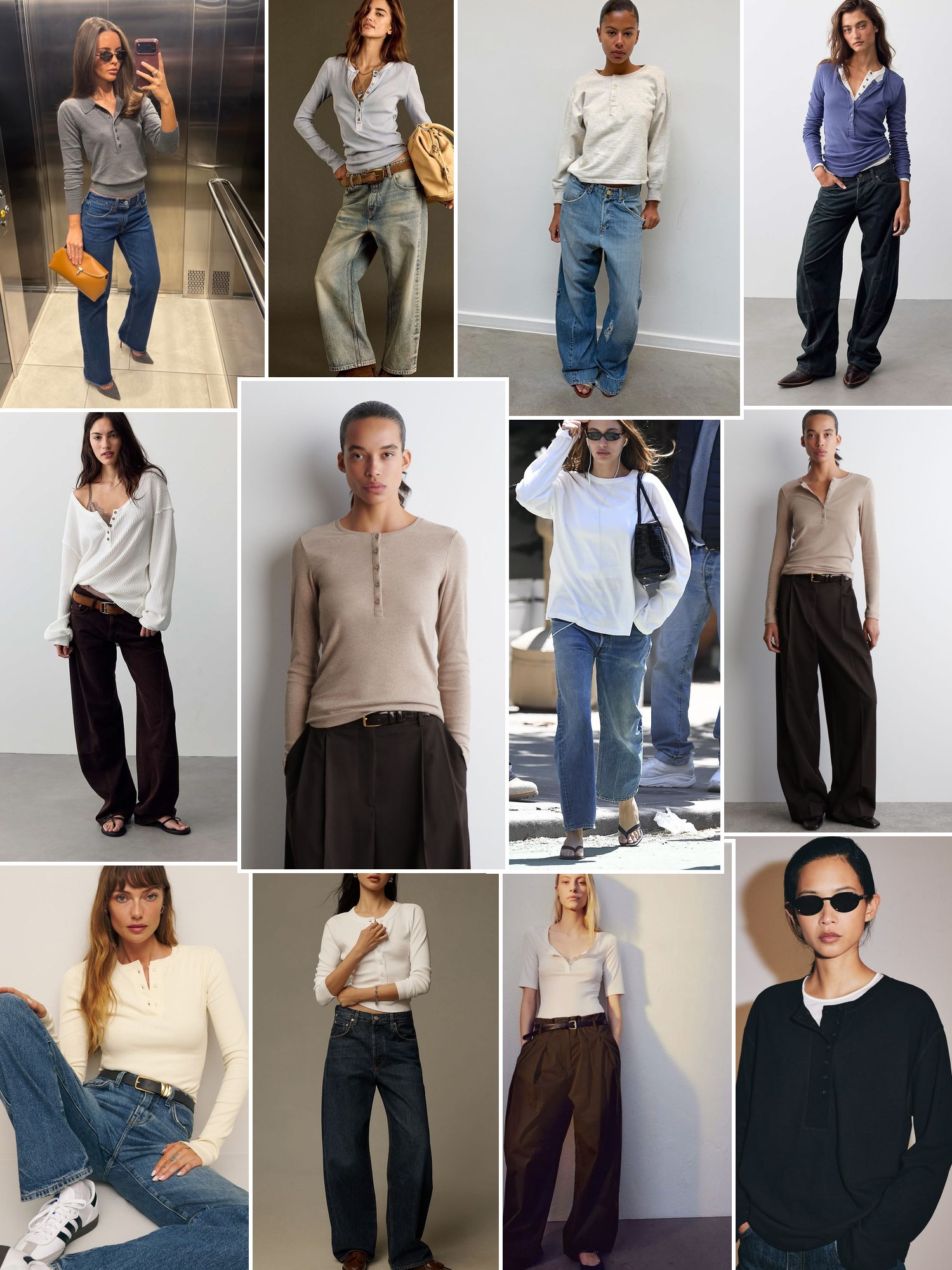 Street style collage of women wearing henley shirt