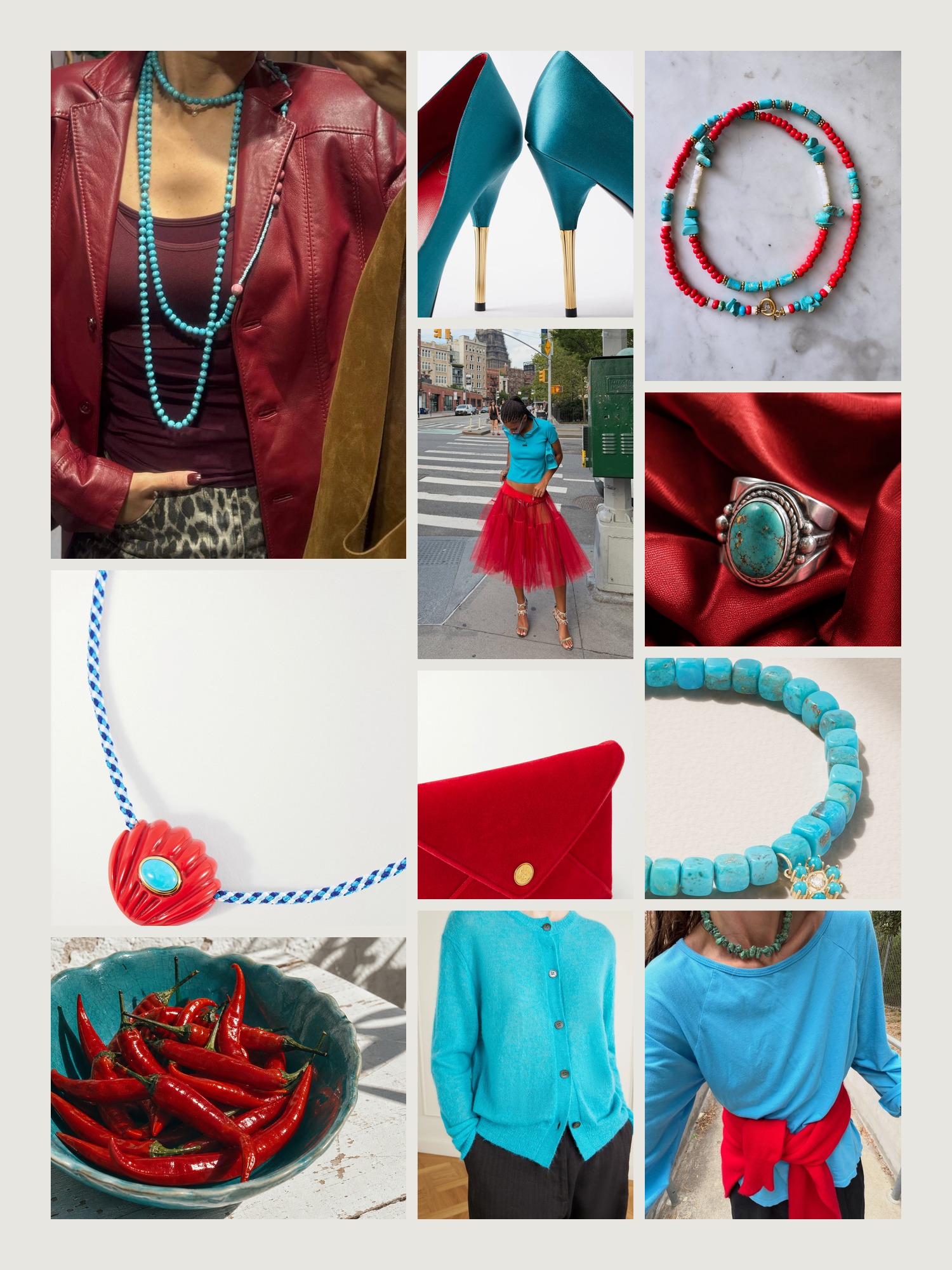 Mood board for red and turquoise outfits: four street-style photos of women wearing red and turquoise, close-ups of the Lizzie Fortunato cord necklace, the Valentino Garavani satin pumps, the Altuzarra velvet clutch, the Studio Nicholson knitted cardigan and the Sydney Evan turquoise bracelet from this edit, and two still lifes in both colors