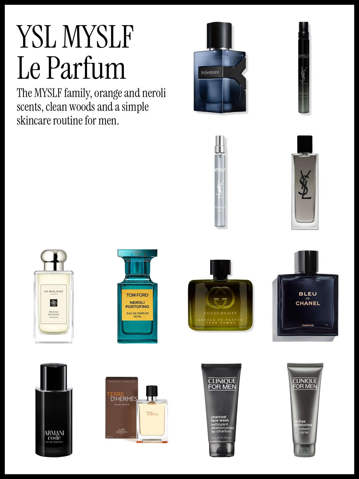 Collage of YSL Y Elixir, Jo Malone London Orange Blossom Cologne and Bleu de Chanel Parfum