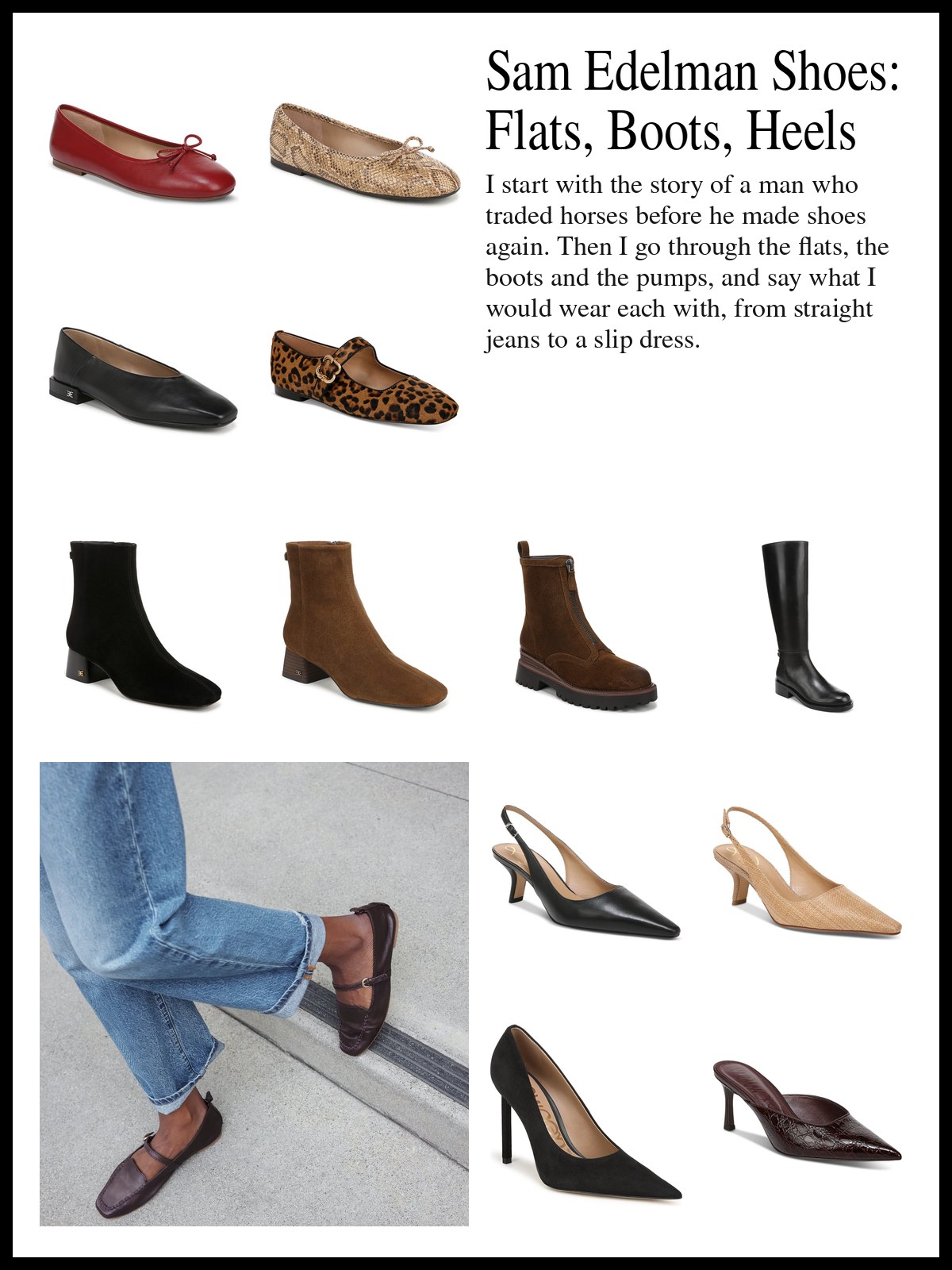Collage of Sam Edelman ballet flats and loafers, Sam Edelman riding boots and booties, and Sam Edelman slingback kitten heels and pumps, and a mood photo of cuffed jeans and brown ballet flats on a stone step.