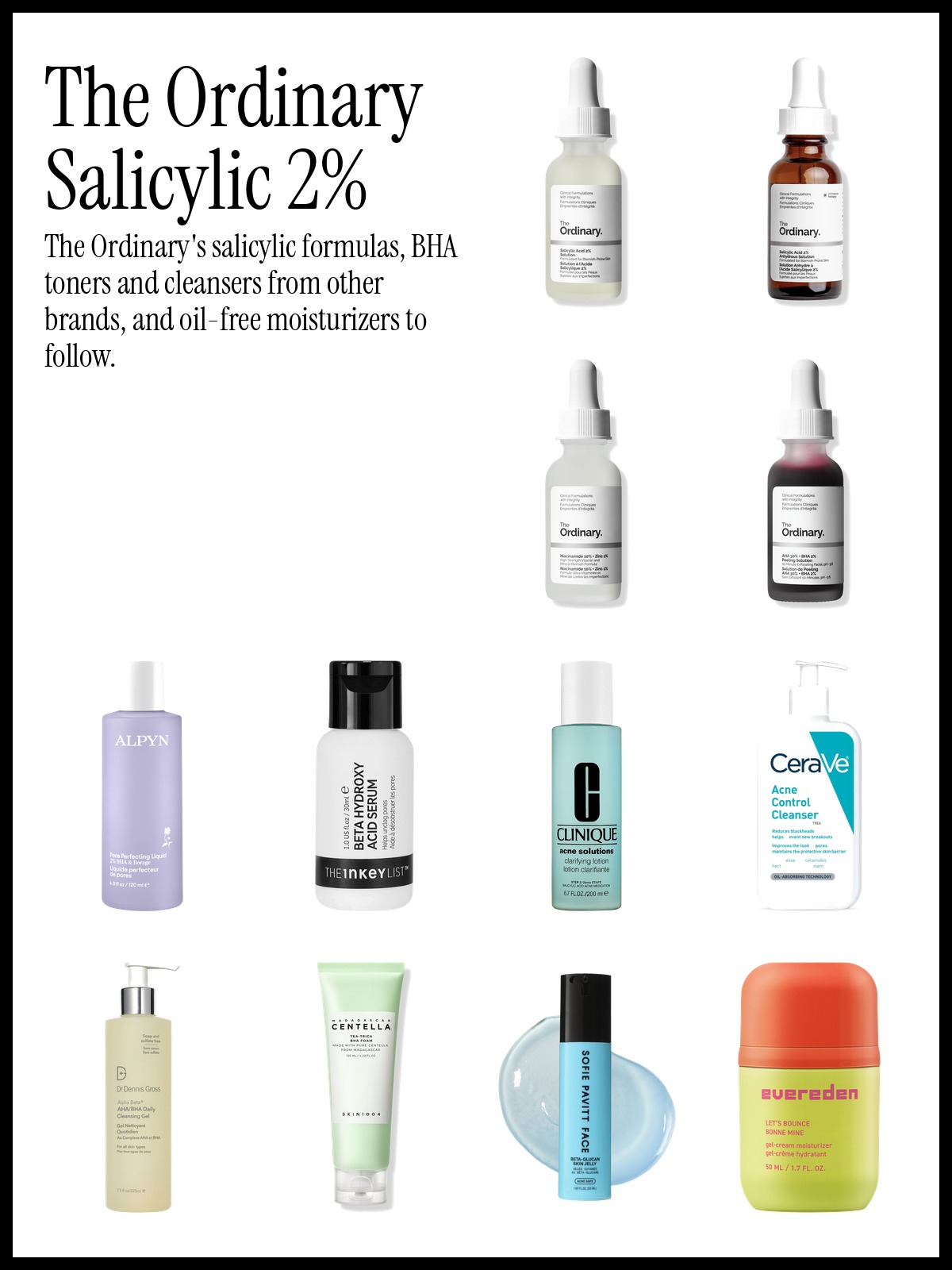 Collage of The Ordinary Salicylic Acid 2% Solution, The Ordinary Salicylic Acid 2% Anhydrous Solution and CeraVe Acne Face Cleanser