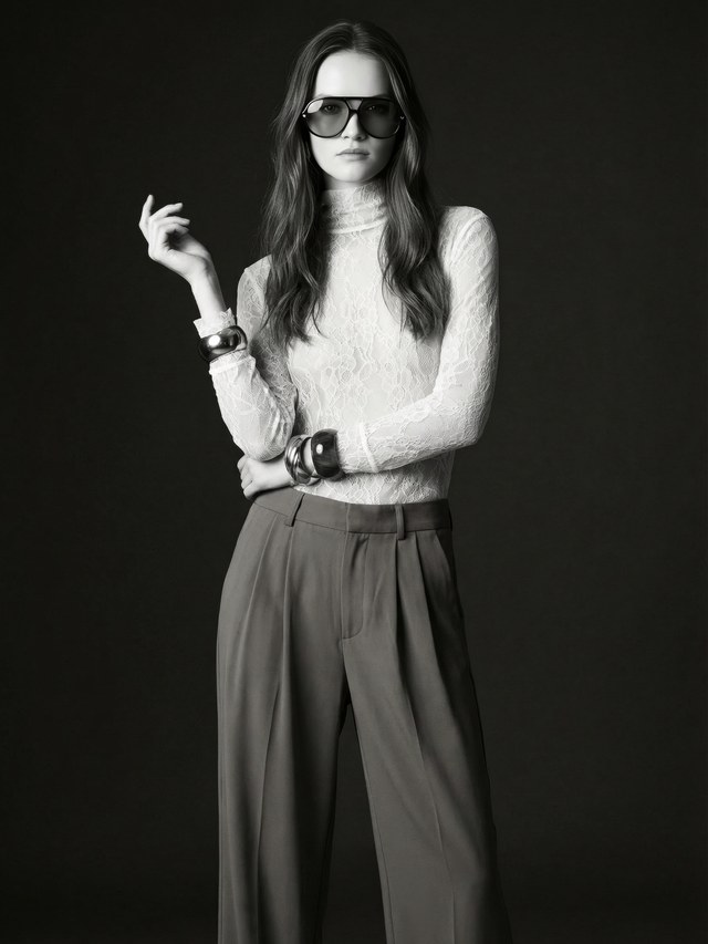 Monochrome model in a pale lace top and tailored gray trousers
