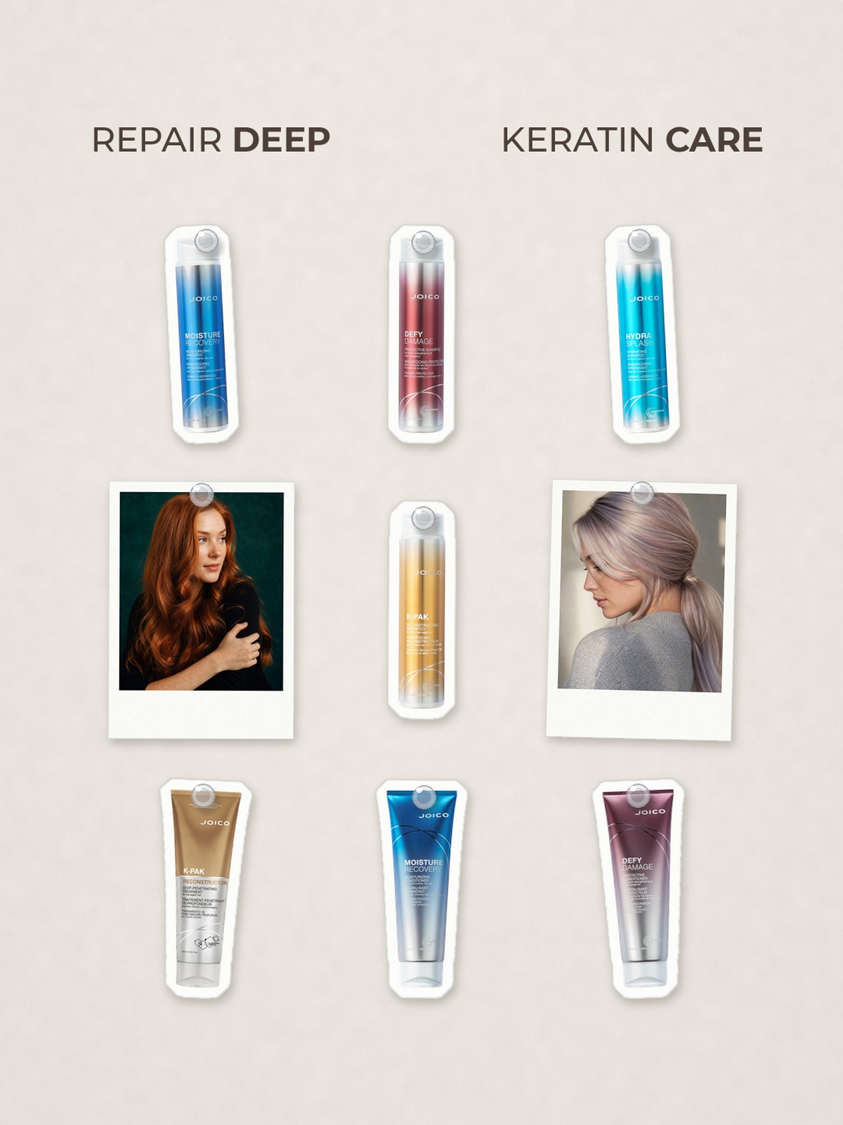 Cut-out product collage with two campaign-style photos: Joico K-PAK Reconstructing Shampoo to Repair Damaged Hair; Joico Moisture Recovery Moisturizing Shampoo for Thick/Coarse Hair, Dry Hair; Joico Defy Damage Protective Shampoo; Joico HydraSplash Hydrating Shampoo for Fine/Medium, Dry Hair; Joico K-PAK Deep-Penetrating Reconstructor Treatment; Joico Moisture Recovery Conditioner; Joico Defy Damage Protective Conditioner