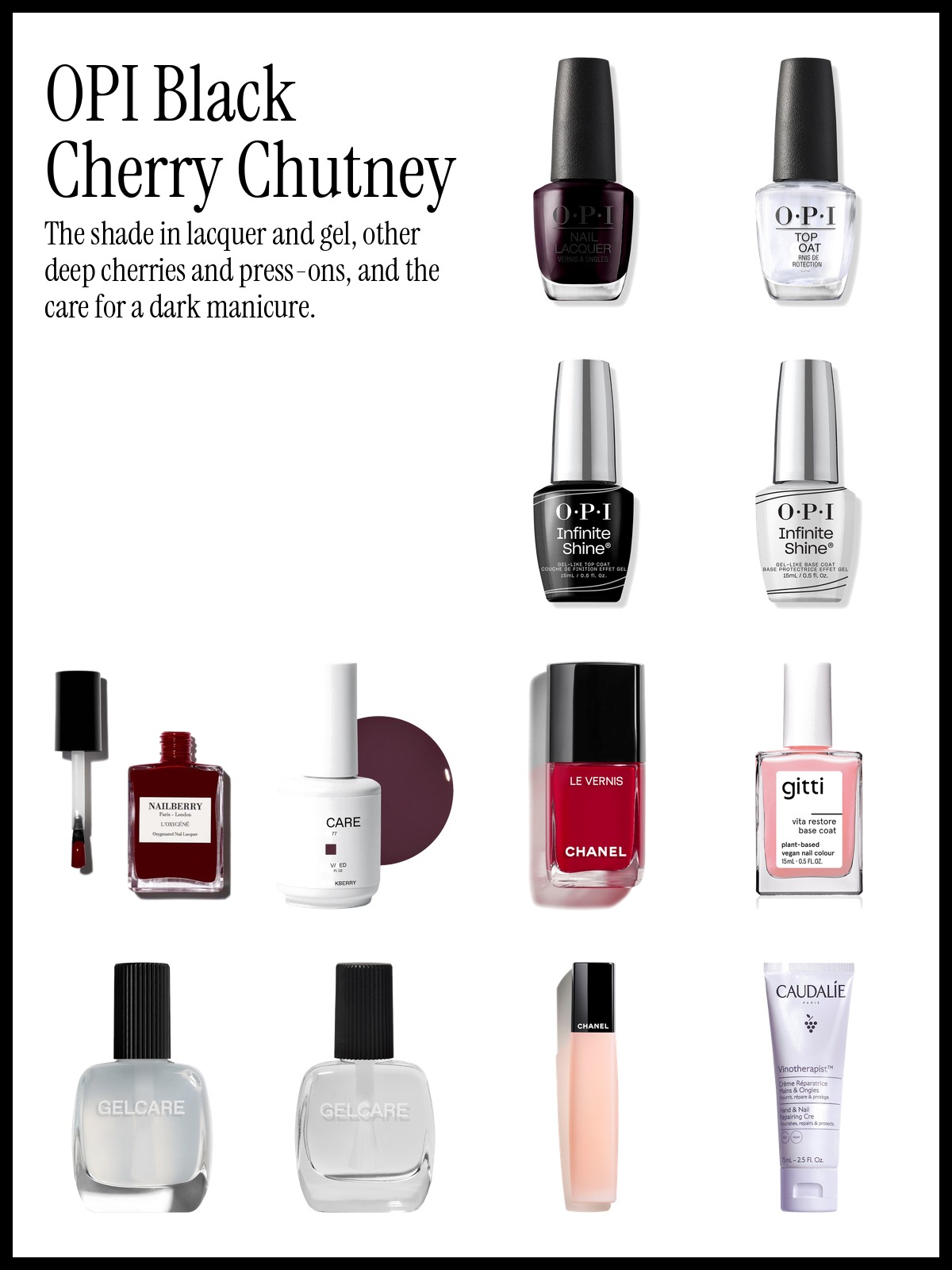 Collage of OPI Nail Lacquer in Black Cherry Chutney, Nailberry L'Oxygéné Nail Polish in Le Temps des Cerises and Gitti Vita Restore Base Coat