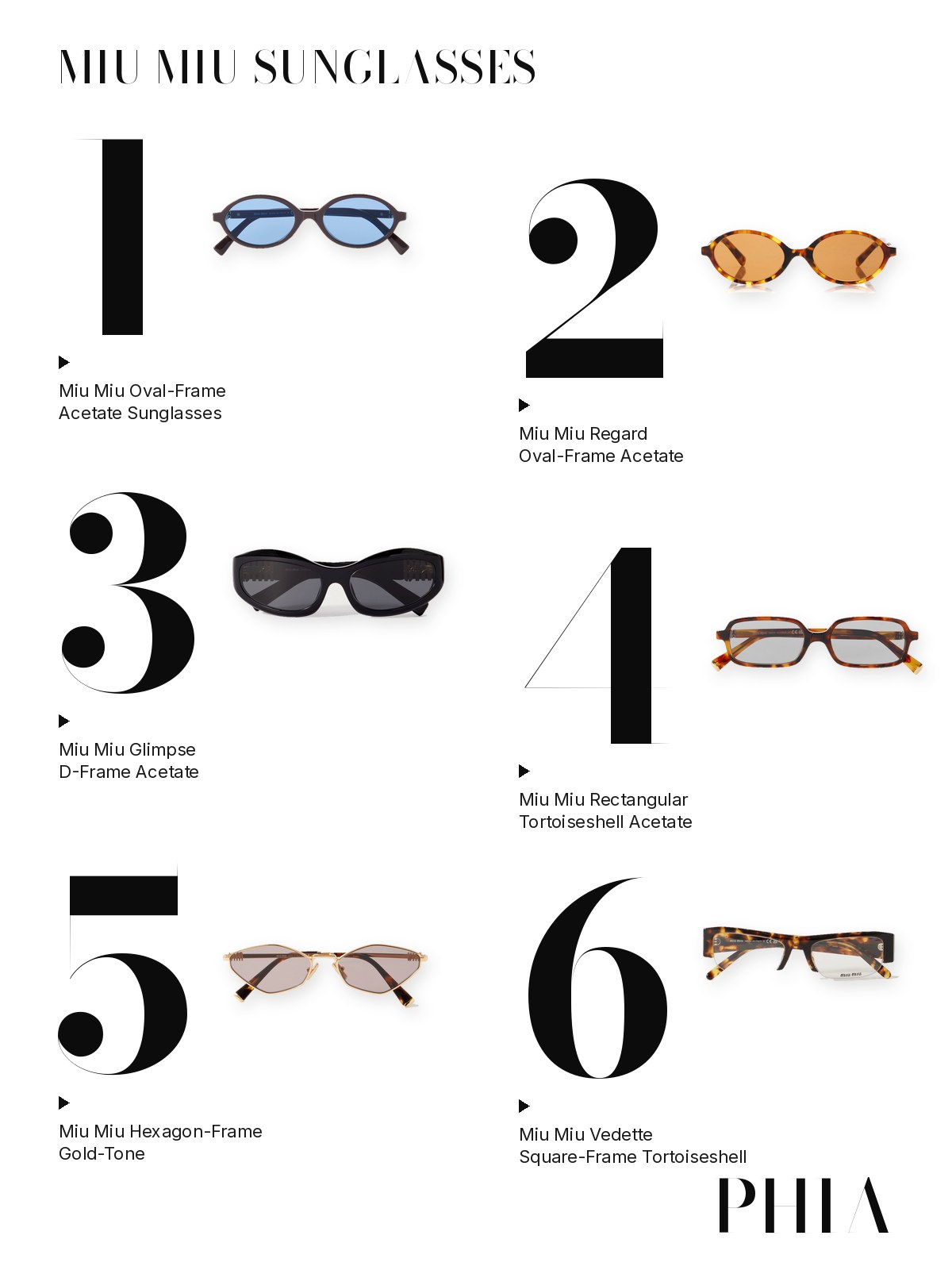 Big numbers collage for Miu Miu Sunglasses: six Miu Miu sunglasses, each set beside a large numeral