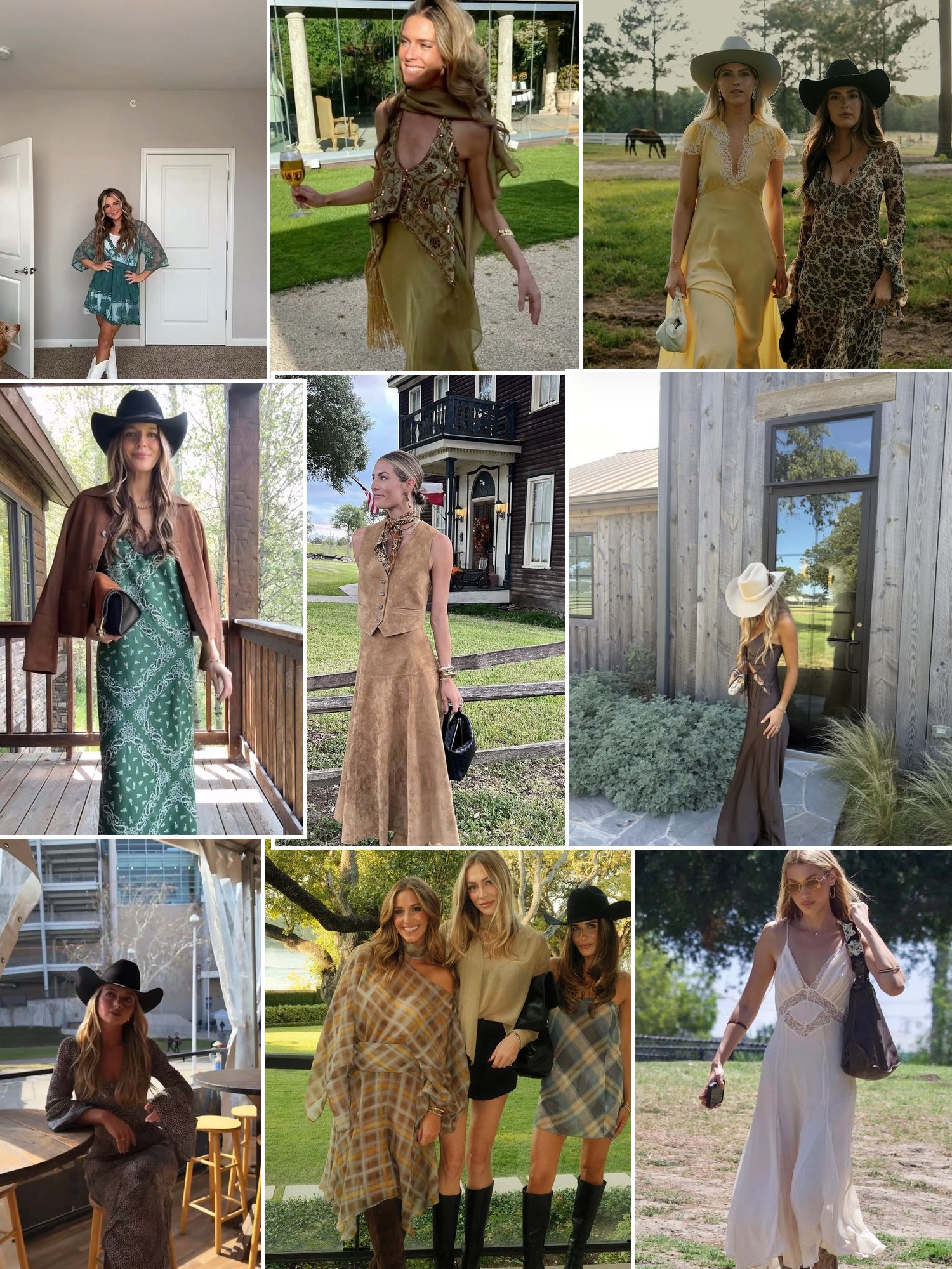 Street style collage of women wearing country wedding guest dresses
