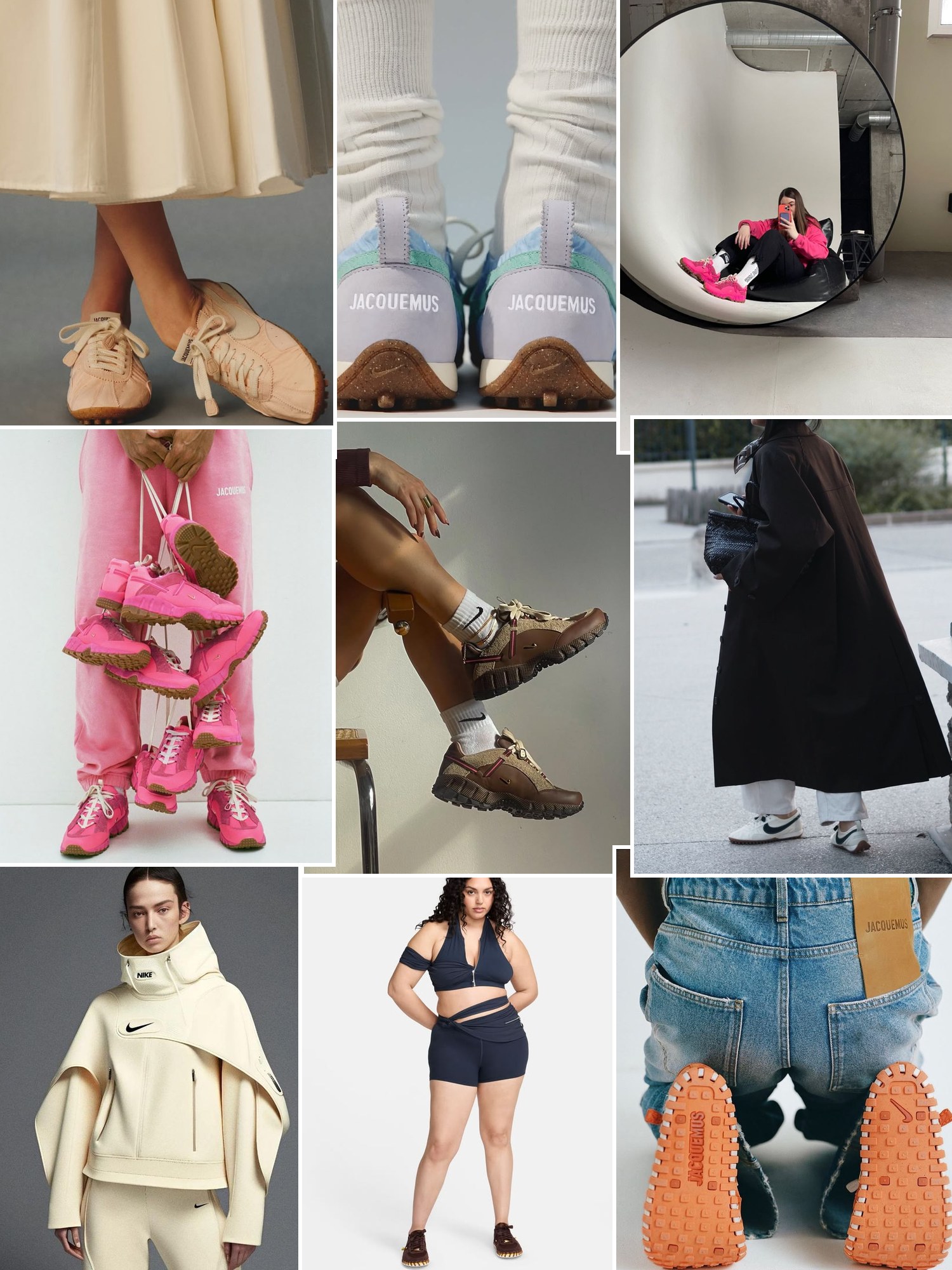 Collage of everyday outfits built around Nike x Jacquemus