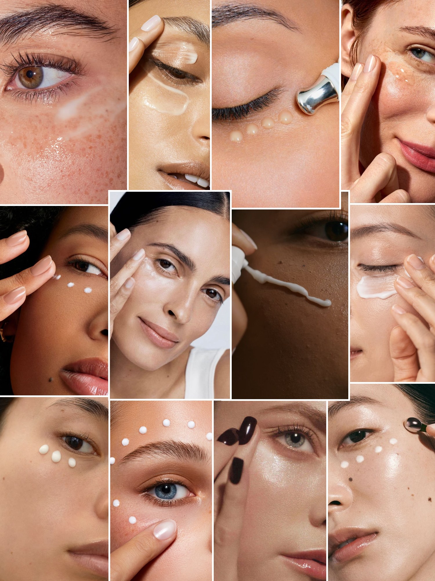 Collage of eye serum and eye cream dots under the eye