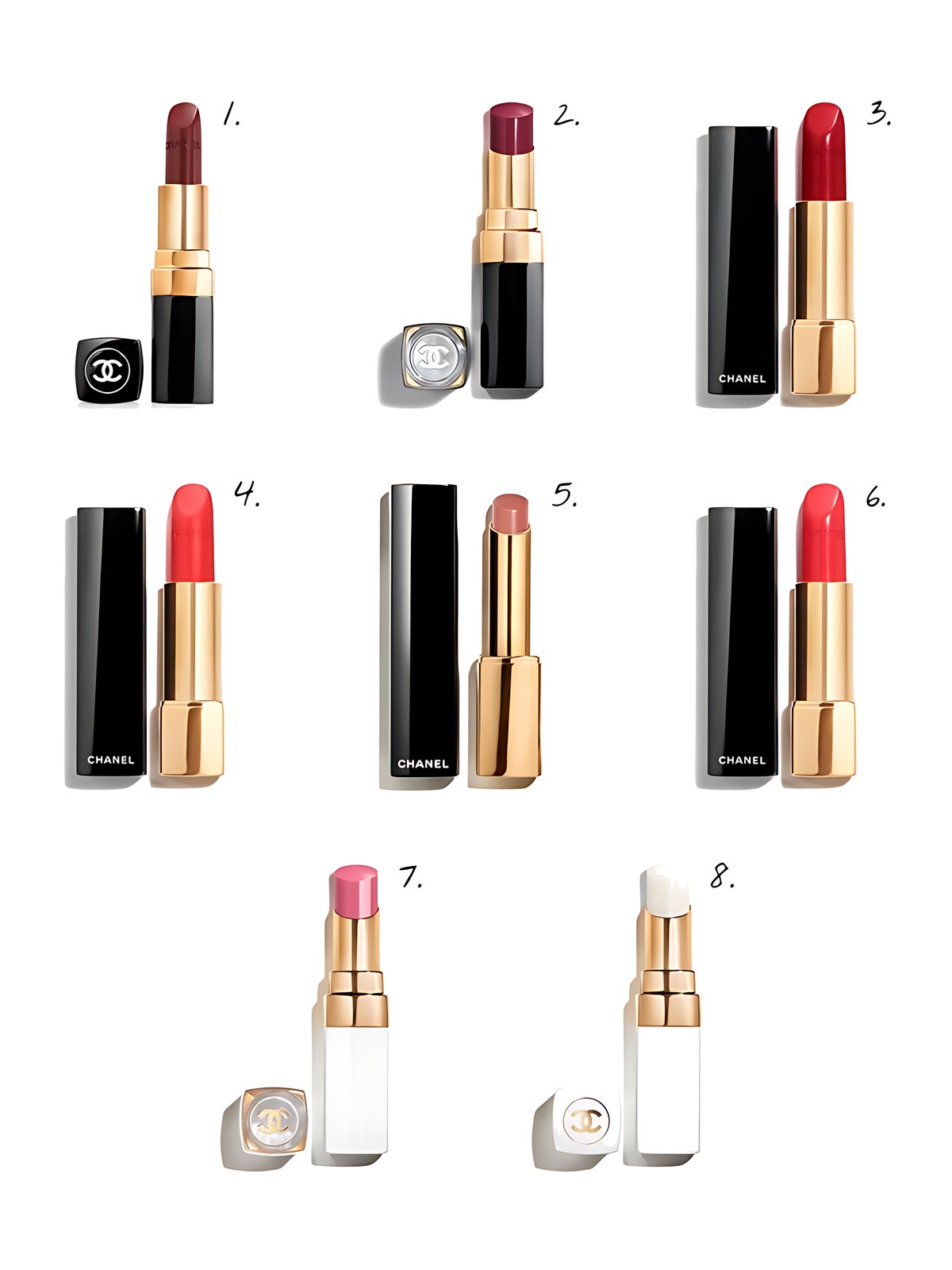 Numbered collage: 1. Chanel ROUGE COCO; 2. Chanel ROUGE COCO FLASH; 3. Chanel ROUGE ALLURE; 4. Chanel ROUGE ALLURE VELVET; 5. Chanel ROUGE ALLURE L'EXTRAIT High-Intensity Lip Colour Concentrated Radiance and Care & Refill; 6. Chanel ROUGE ALLURE; 7. Chanel ROUGE COCO BAUME; 8. Chanel ROUGE COCO