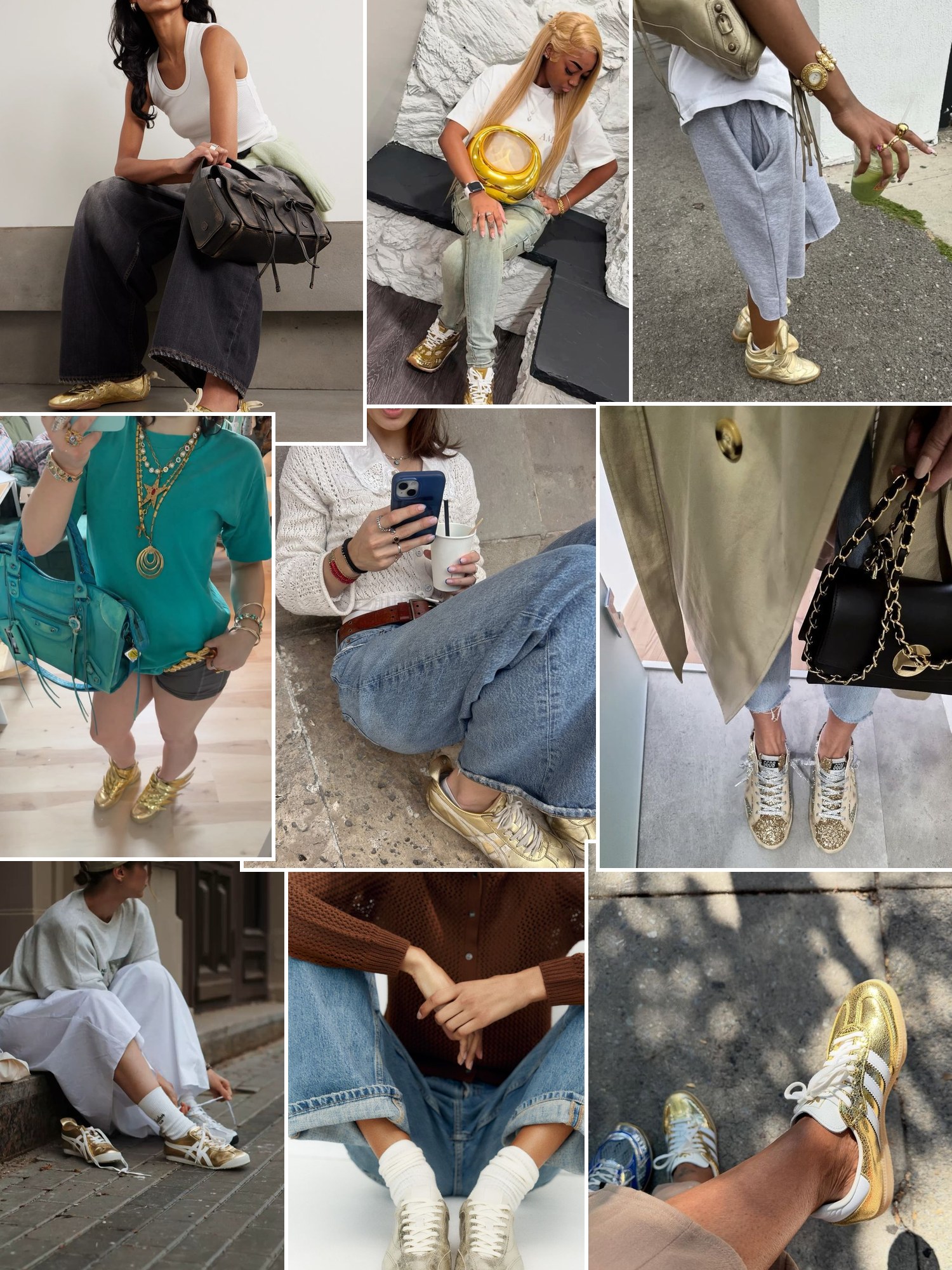 Collage of gold sneaker outfits